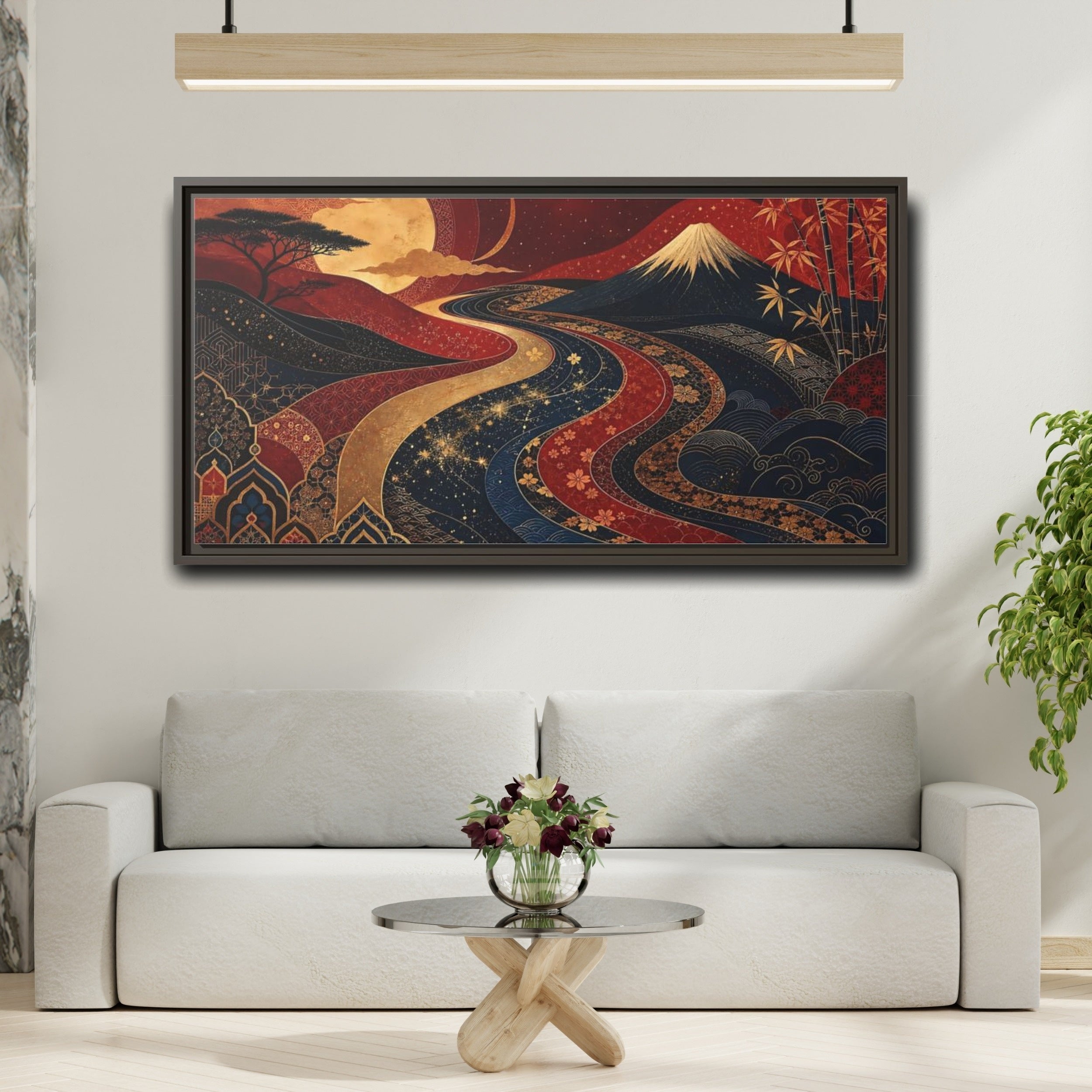 Mockup 2. Nature Mount Fuji Red Gold Landscape shown as stretched canvas wall art