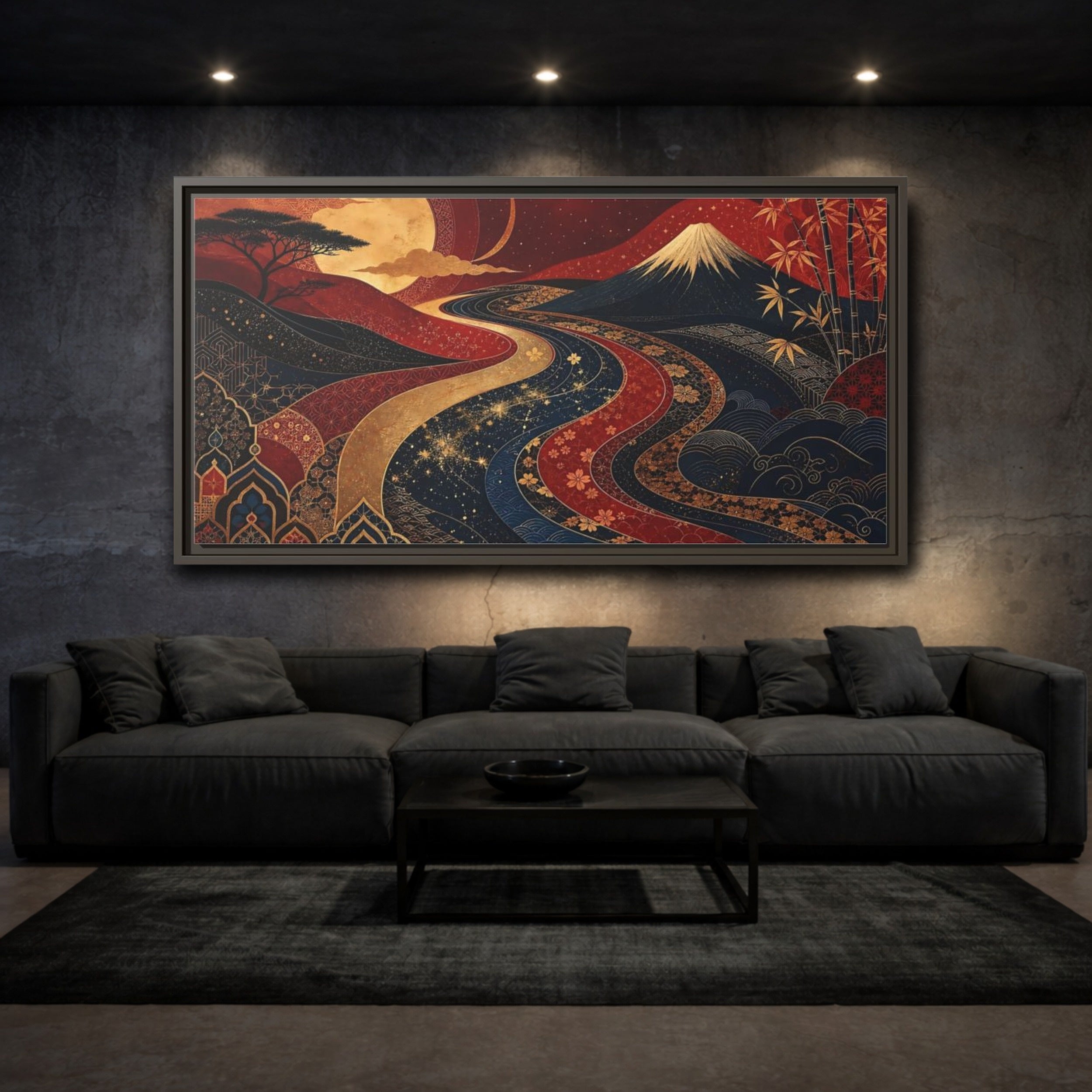 Mockup 3. Nature Mount Fuji Red Gold Landscape shown as stretched canvas wall art