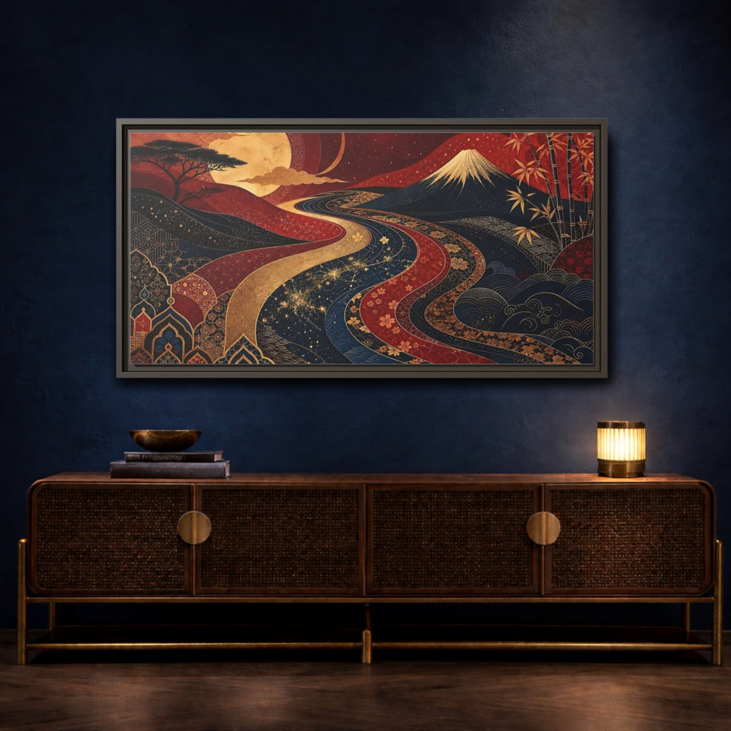 Mockup 4. Nature Mount Fuji Red Gold Landscape shown as stretched canvas wall art