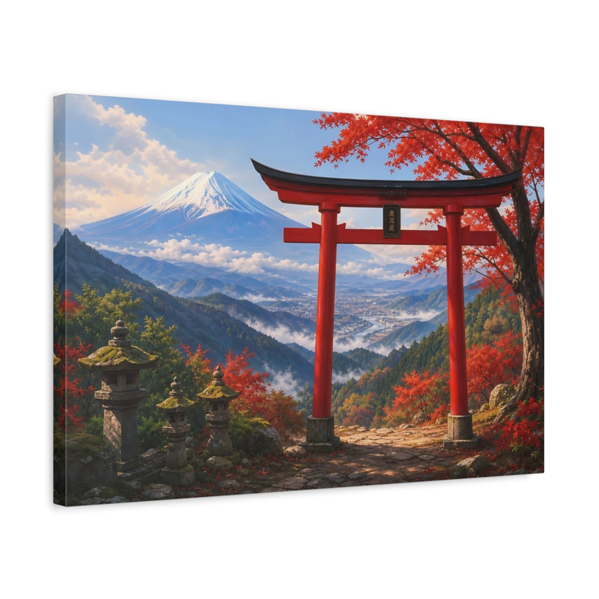 Side Mockup 3. Nature Mount Fuji, Torii Gate Red And Blue Landscape shown as stretched canvas wall art