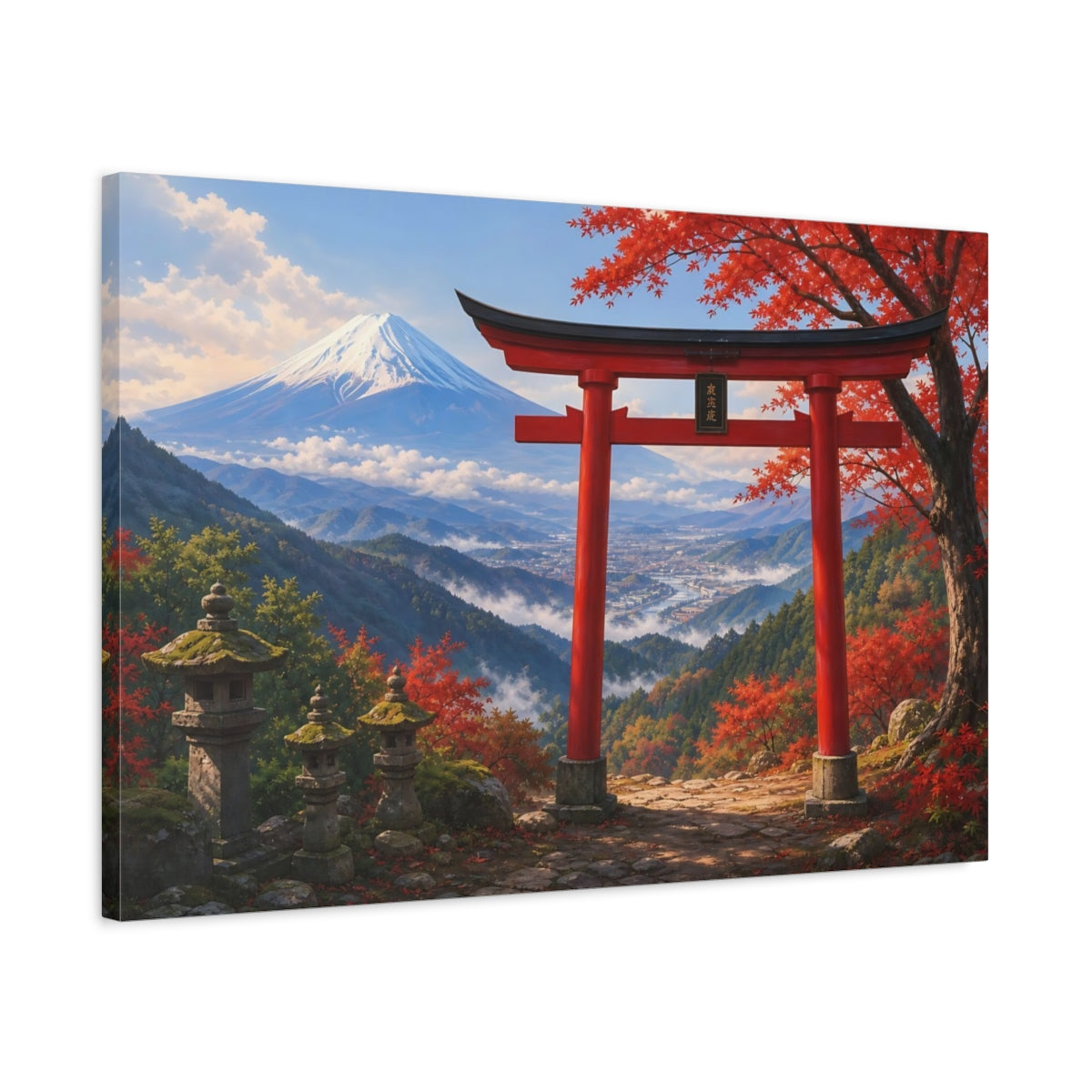 Side Mockup 2. Nature Mount Fuji, Torii Gate Red And Blue Landscape shown as stretched canvas wall art