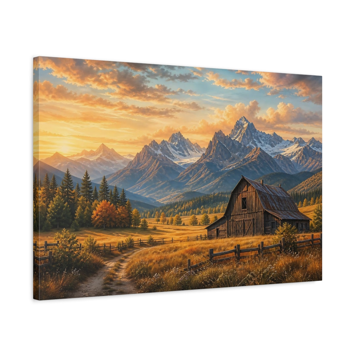 Side Mockup 2. Nature Mountain Barn Golden Mountain Barn shown as canvas print