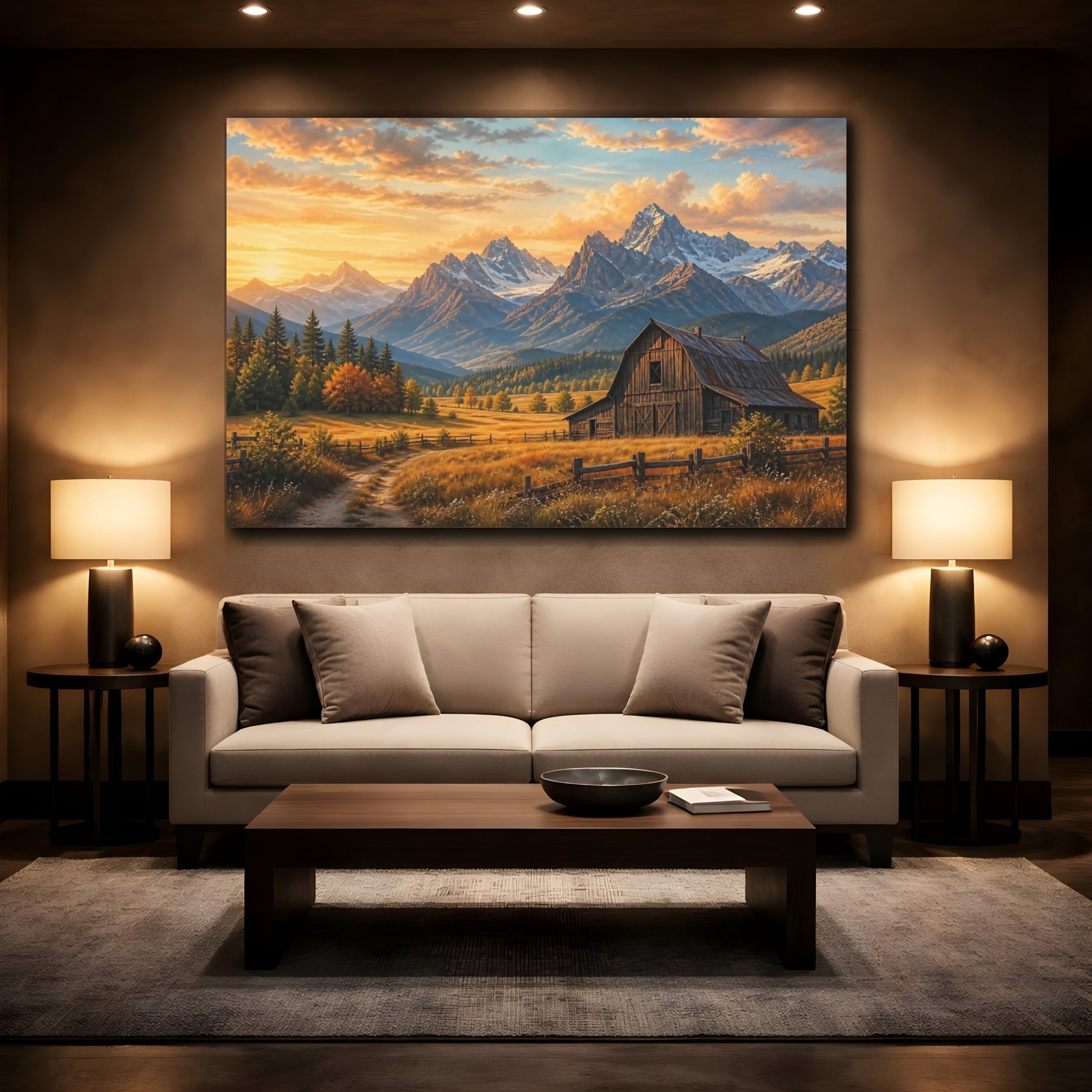 Mockup 2. Nature Mountain Barn Golden Mountain Barn shown as canvas print