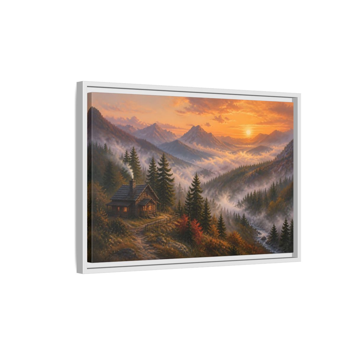 Side Mockup 1. Nature Mountain Cabin Autumn Mountain shown as stretched canvas wall art