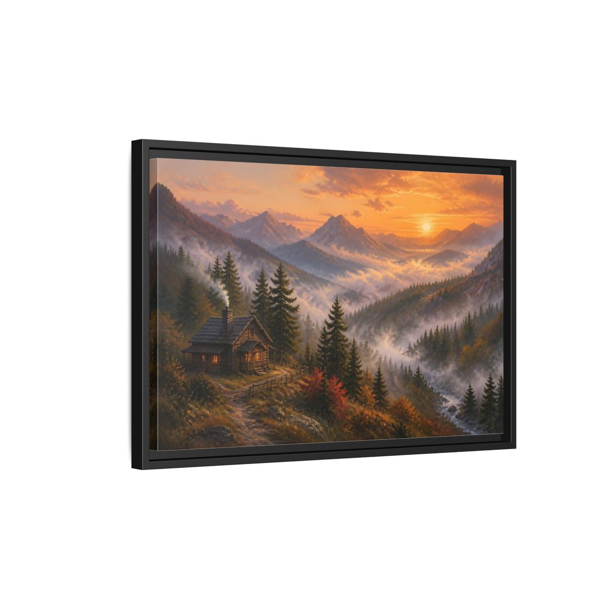 Side Mockup 3. Nature Mountain Cabin Autumn Mountain shown as stretched canvas wall art