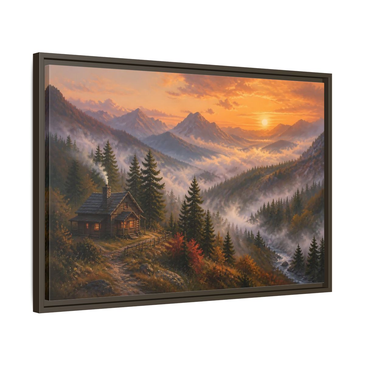 Side Mockup 11. Nature Mountain Cabin Autumn Mountain shown as stretched canvas wall art