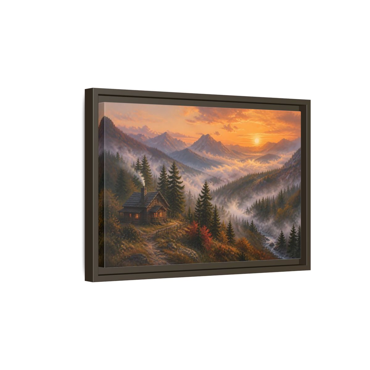 Side Mockup 5. Nature Mountain Cabin Autumn Mountain shown as stretched canvas wall art