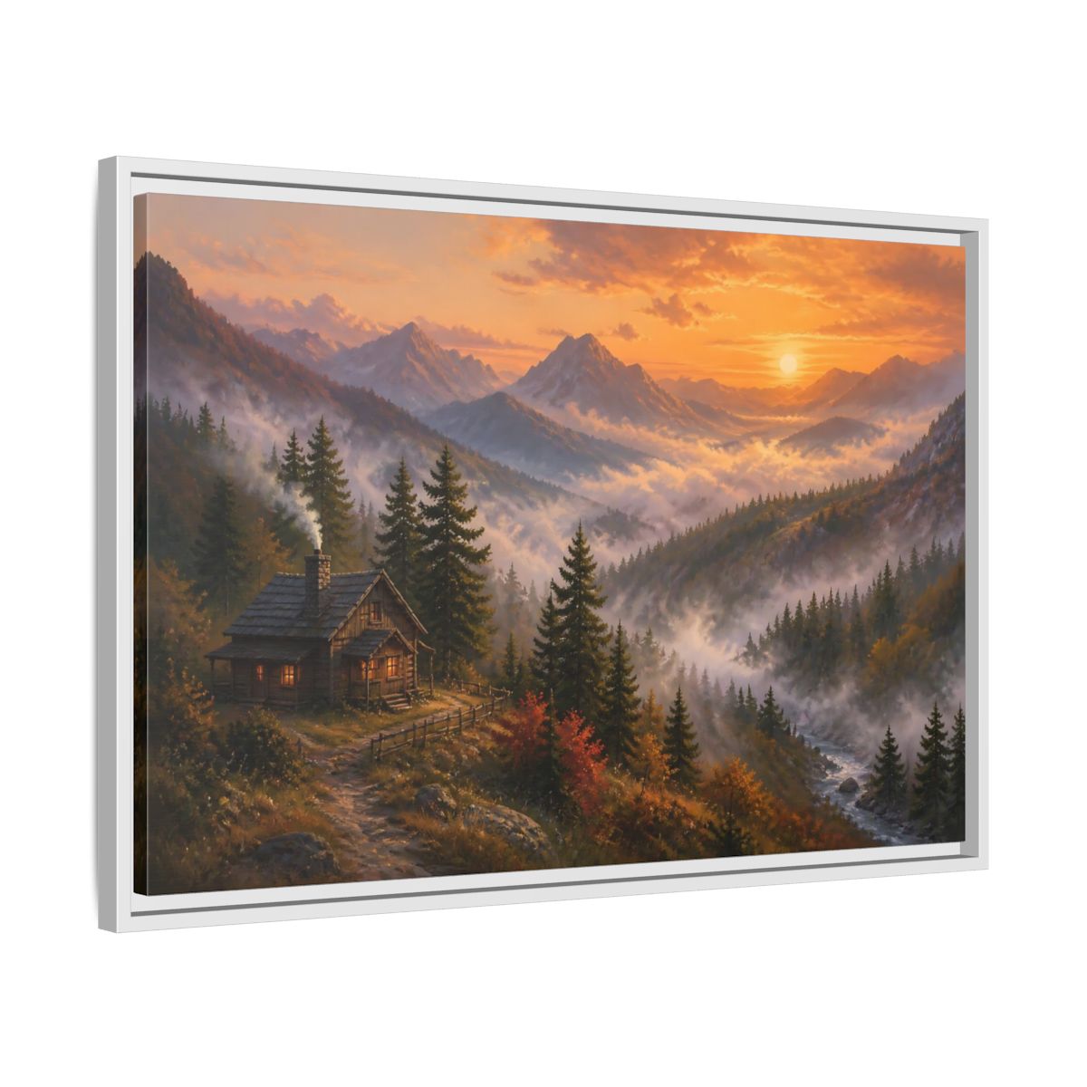 Side Mockup 10. Nature Mountain Cabin Autumn Mountain shown as stretched canvas wall art