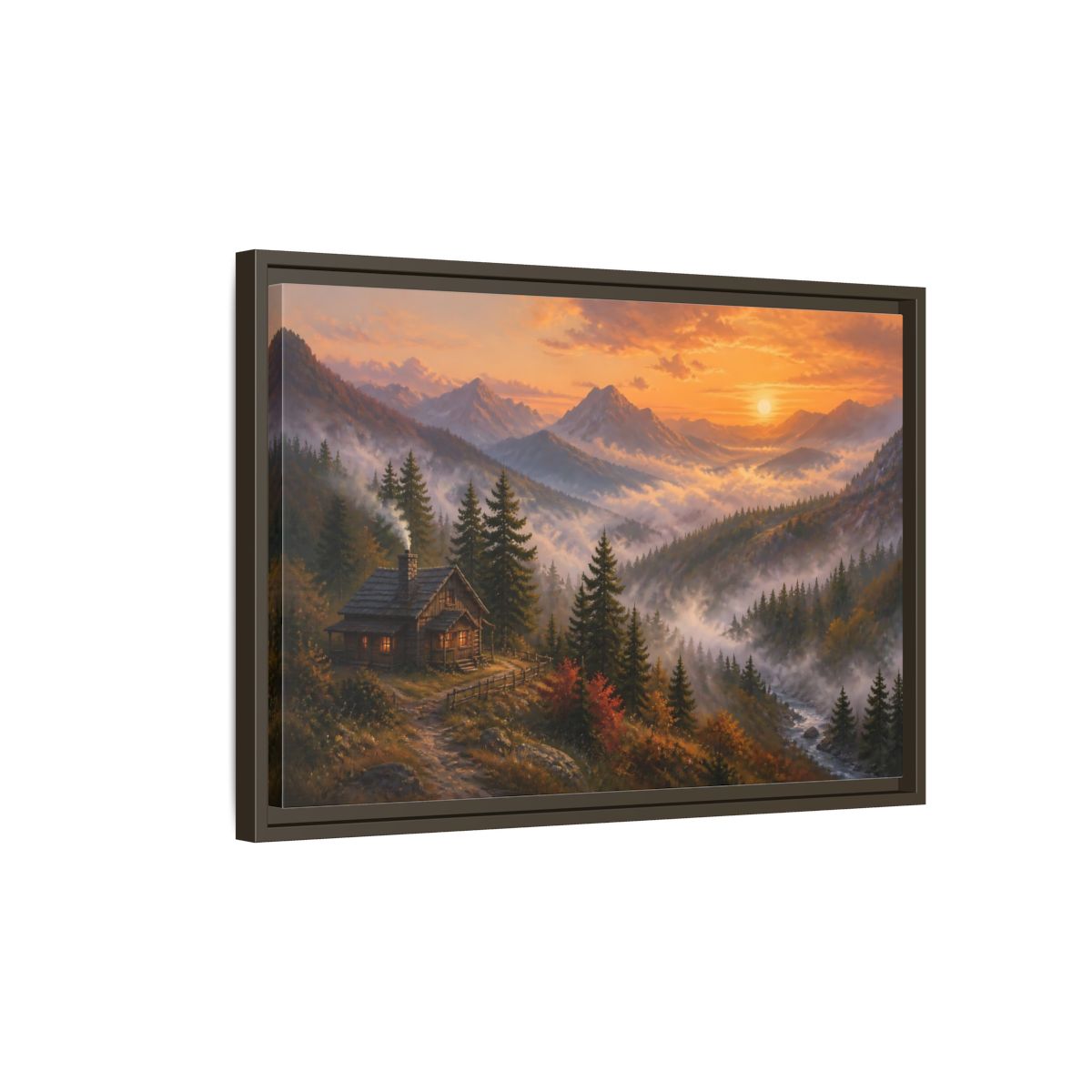 Side Mockup 2. Nature Mountain Cabin Autumn Mountain shown as stretched canvas wall art