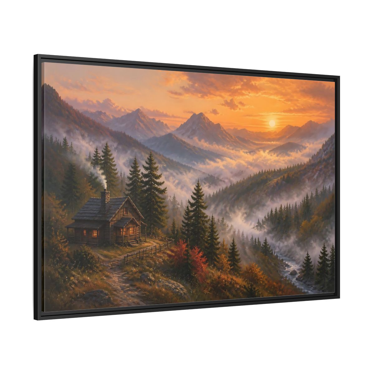 Side Mockup 12. Nature Mountain Cabin Autumn Mountain shown as stretched canvas wall art