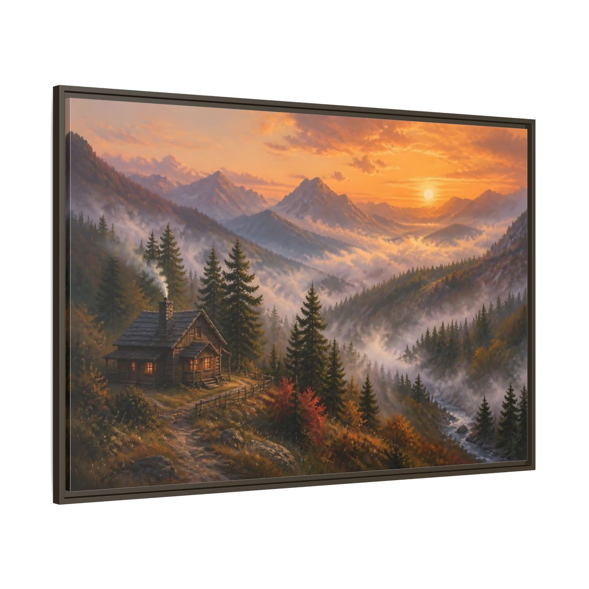 Side Mockup 8. Nature Mountain Cabin Autumn Mountain shown as stretched canvas wall art