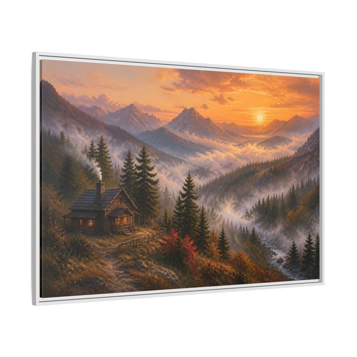 Side Mockup 7. Nature Mountain Cabin Autumn Mountain shown as stretched canvas wall art