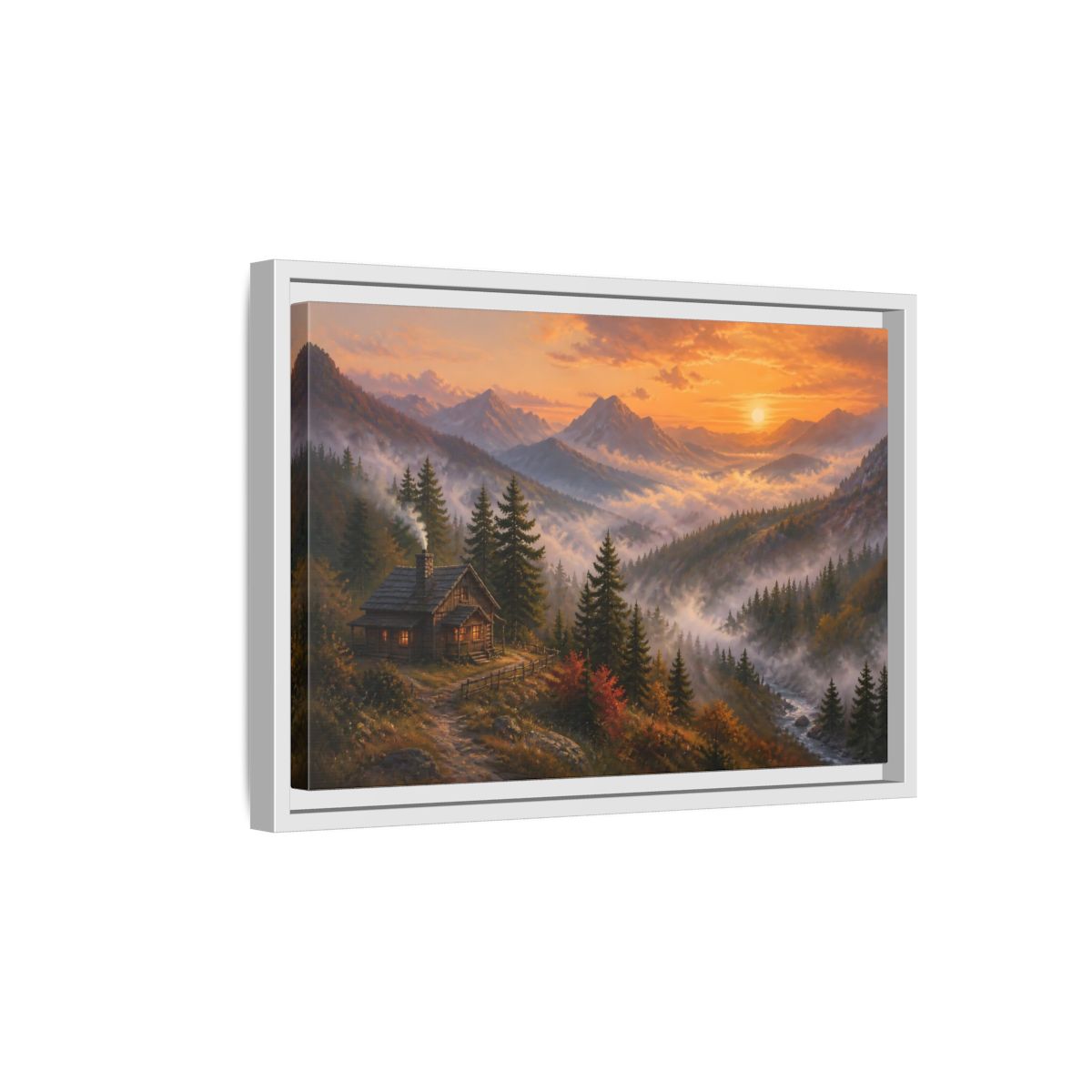 Side Mockup 4. Nature Mountain Cabin Autumn Mountain shown as stretched canvas wall art