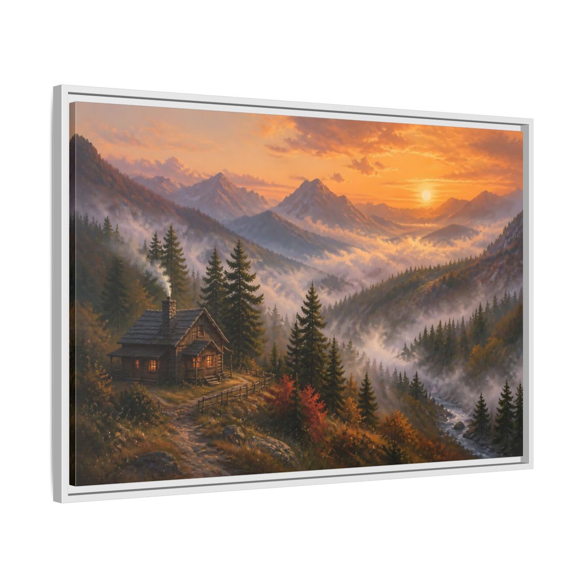 Side Mockup 9. Nature Mountain Cabin Autumn Mountain shown as stretched canvas wall art