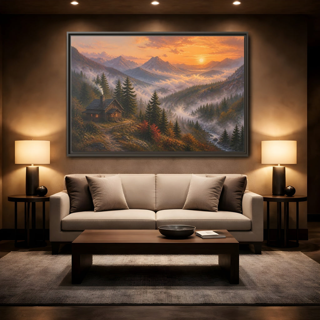 Mockup 2. Nature Mountain Cabin Autumn Mountain shown as stretched canvas wall art