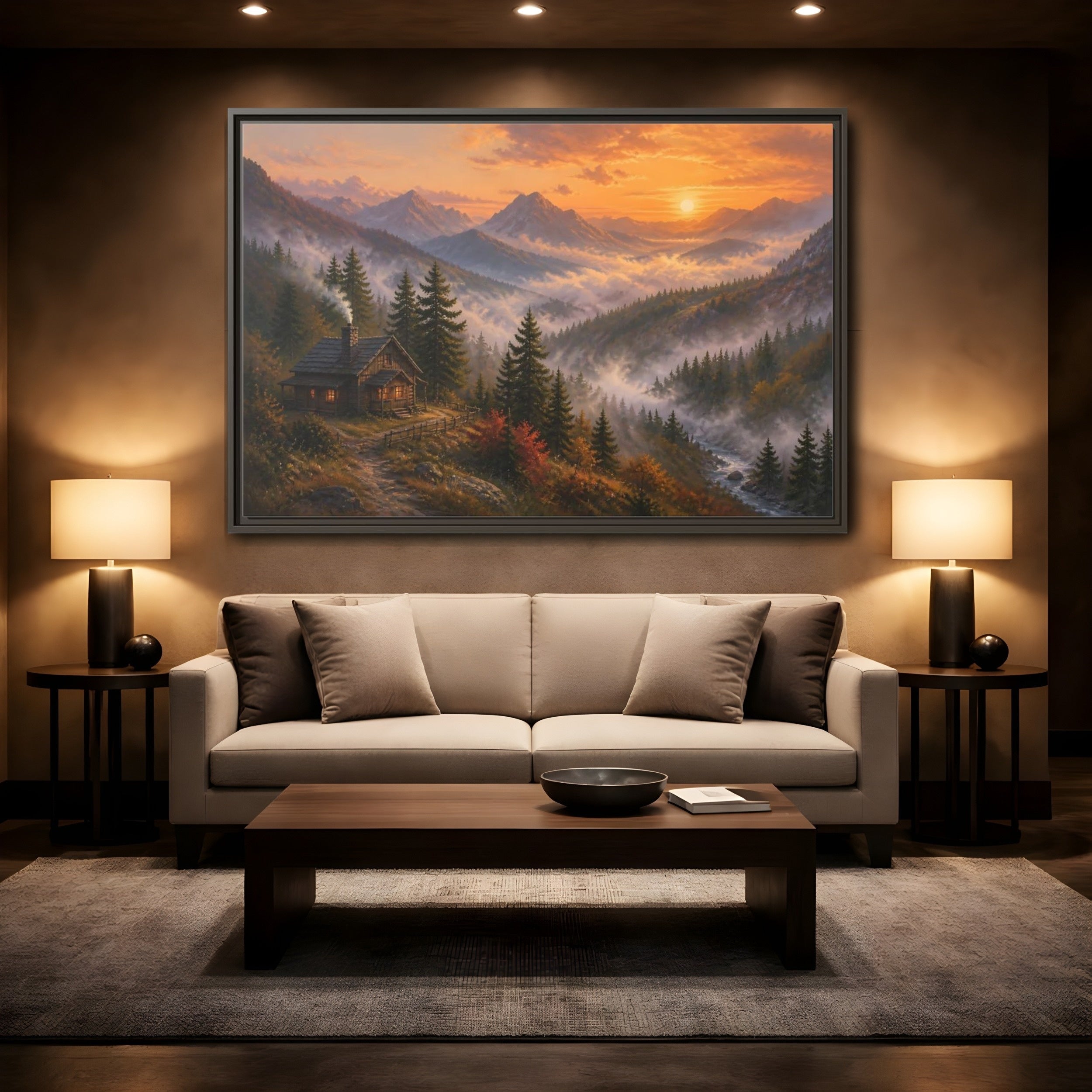 Mockup 2. Nature Mountain Cabin Autumn Mountain shown as stretched canvas wall art