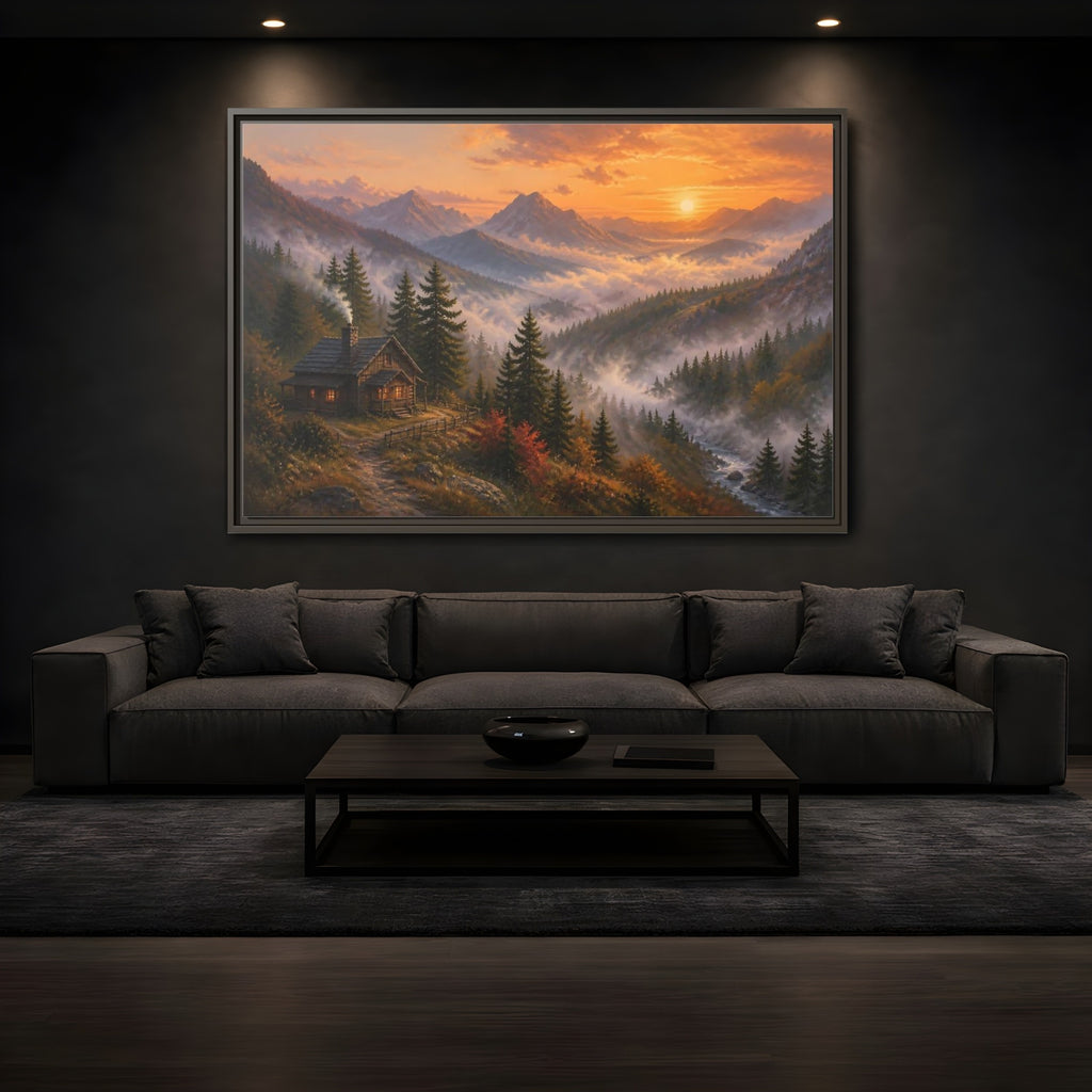 Mockup 3. Nature Mountain Cabin Autumn Mountain shown as stretched canvas wall art