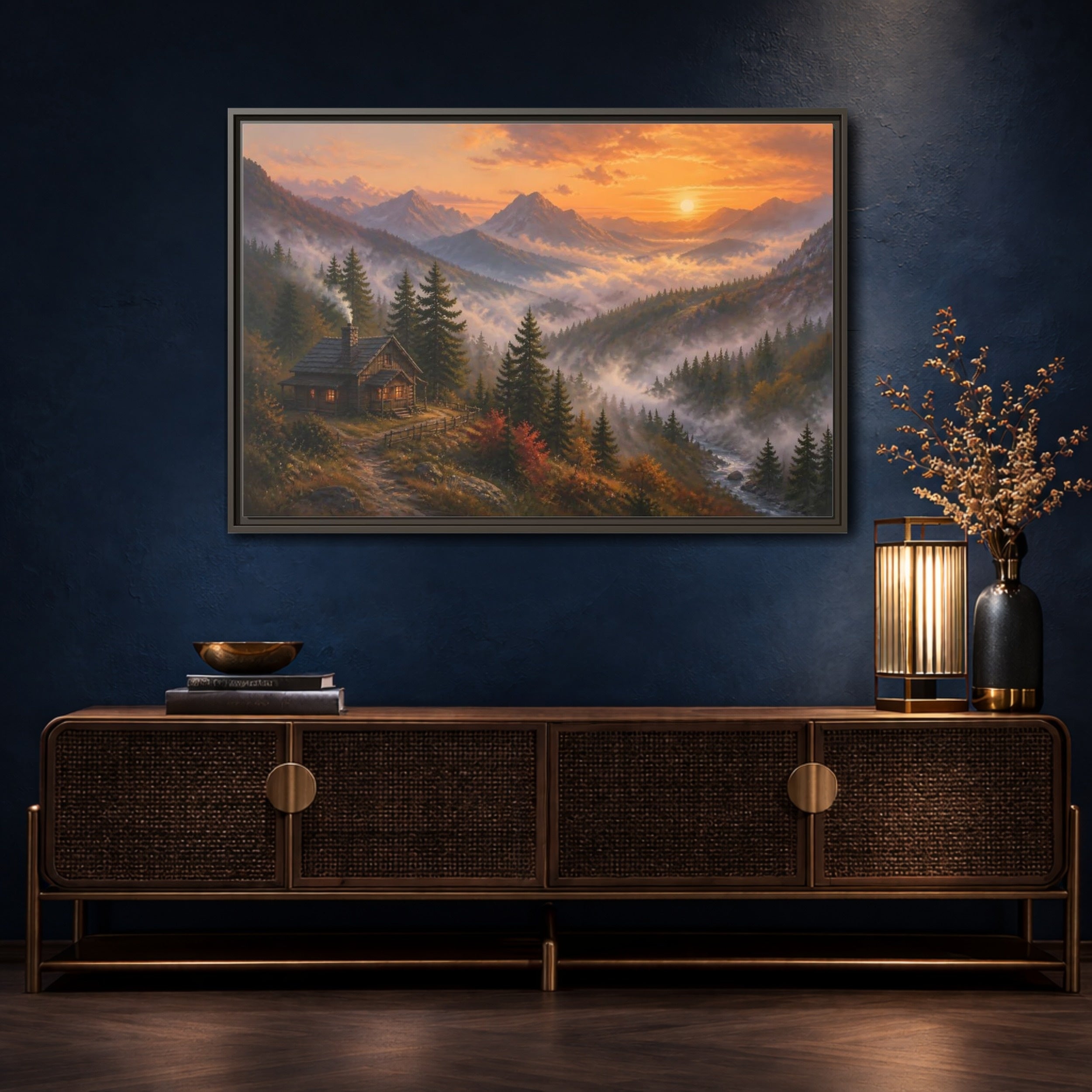 Mockup 4. Nature Mountain Cabin Autumn Mountain shown as stretched canvas wall art