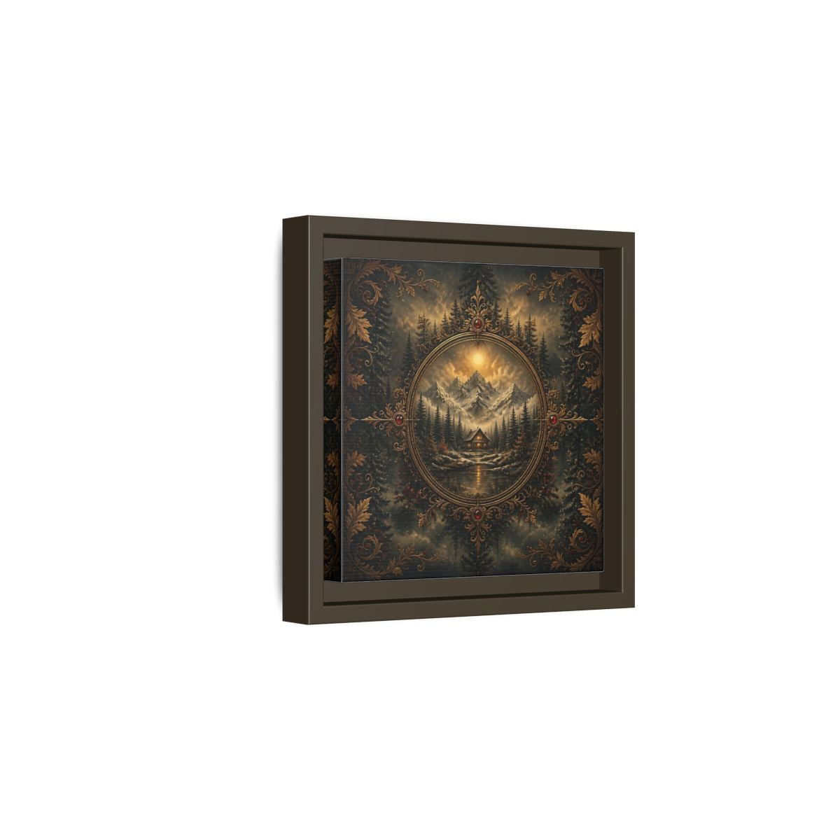 Side Mockup 2. Nature Mountain Cabin Mountain Cabin Gold shown as stretched canvas wall art