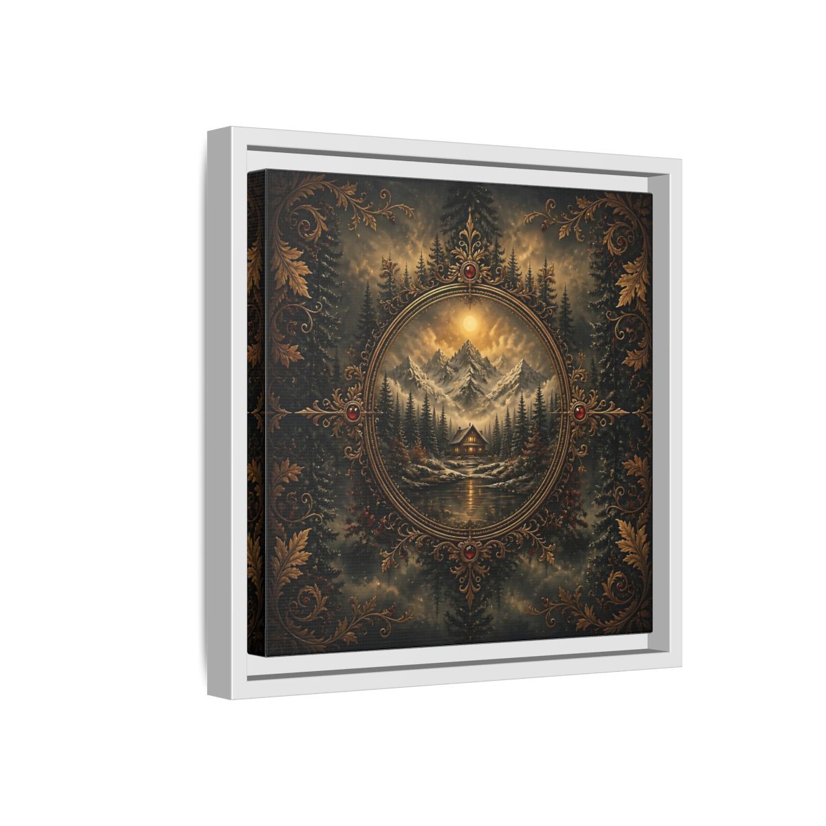 Side Mockup 16. Nature Mountain Cabin Mountain Cabin Gold shown as stretched canvas wall art