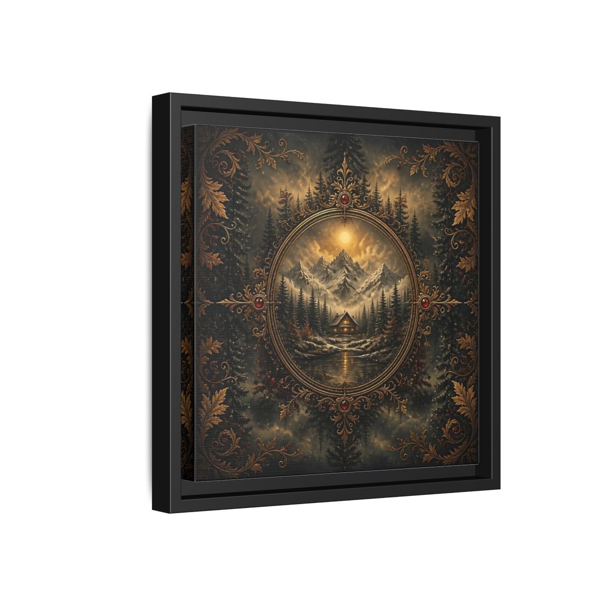Side Mockup 18. Nature Mountain Cabin Mountain Cabin Gold shown as stretched canvas wall art