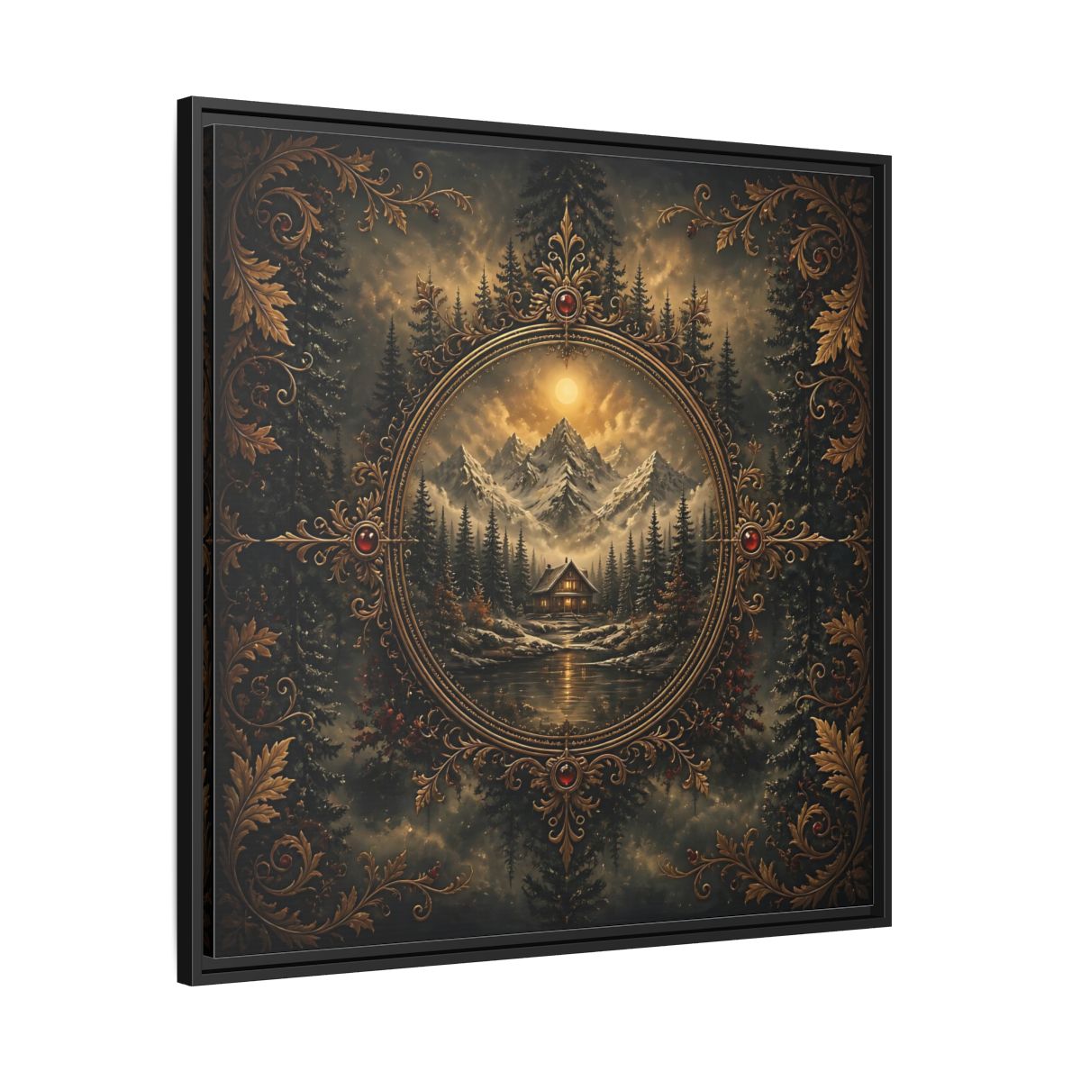 Side Mockup 30. Nature Mountain Cabin Mountain Cabin Gold shown as stretched canvas wall art
