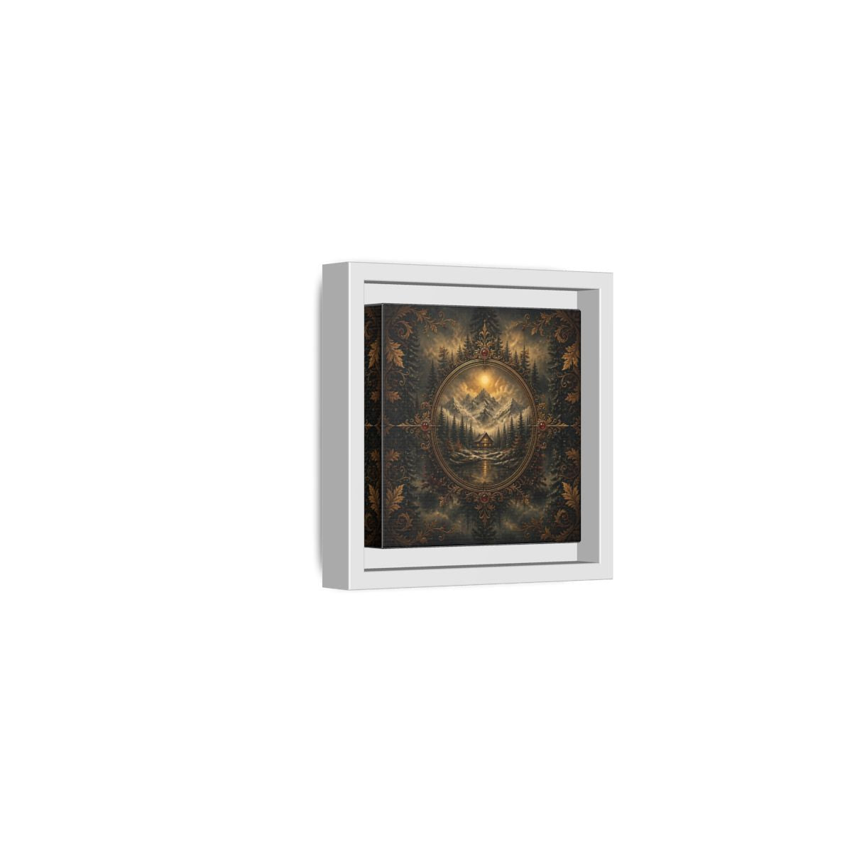 Side Mockup 22. Nature Mountain Cabin Mountain Cabin Gold shown as stretched canvas wall art