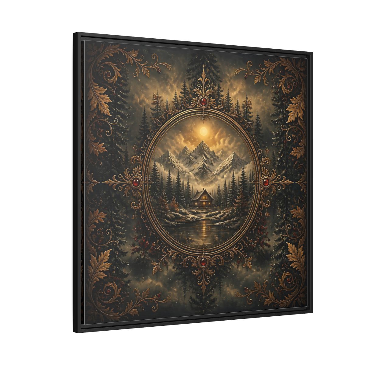 Side Mockup 6. Nature Mountain Cabin Mountain Cabin Gold shown as stretched canvas wall art