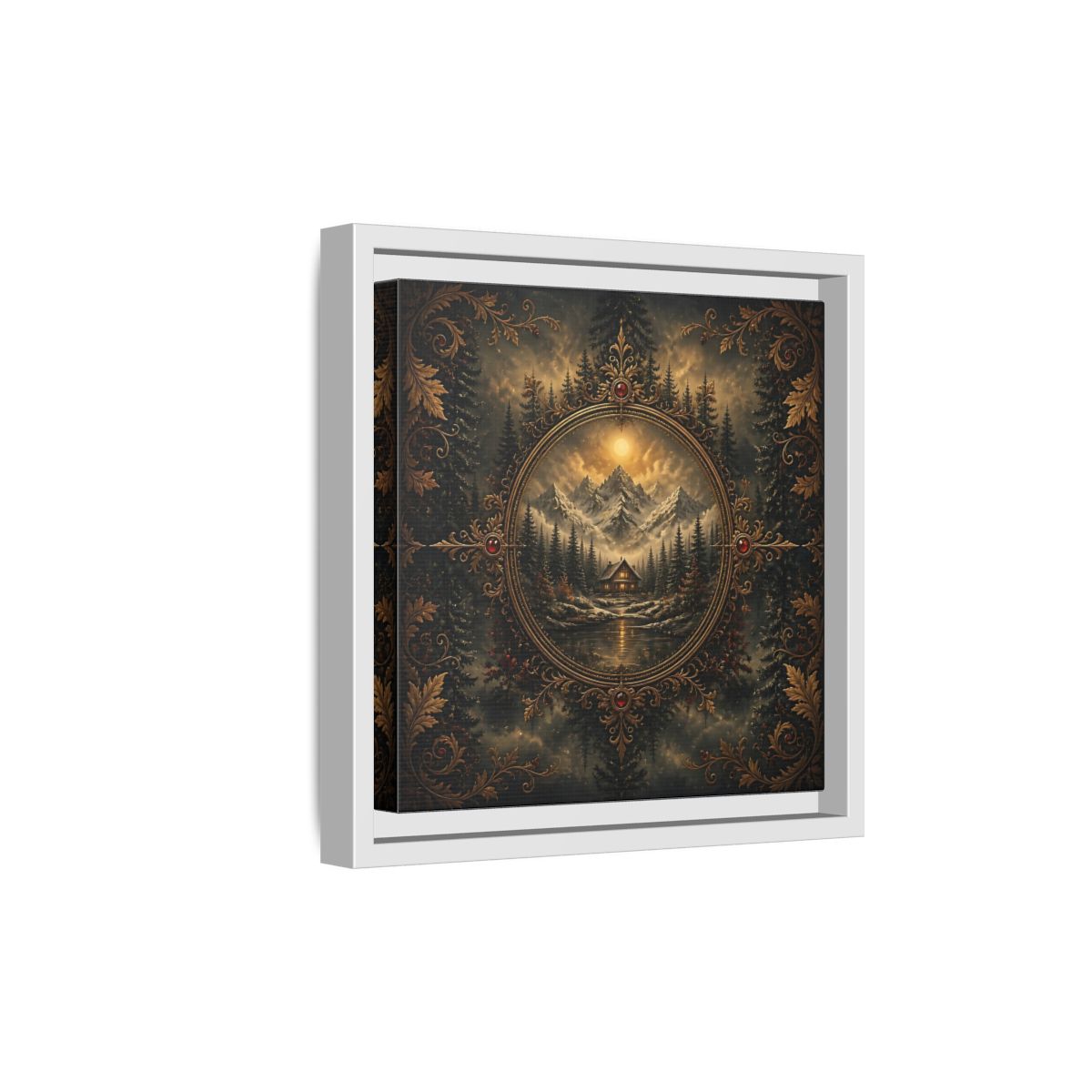 Side Mockup 19. Nature Mountain Cabin Mountain Cabin Gold shown as stretched canvas wall art