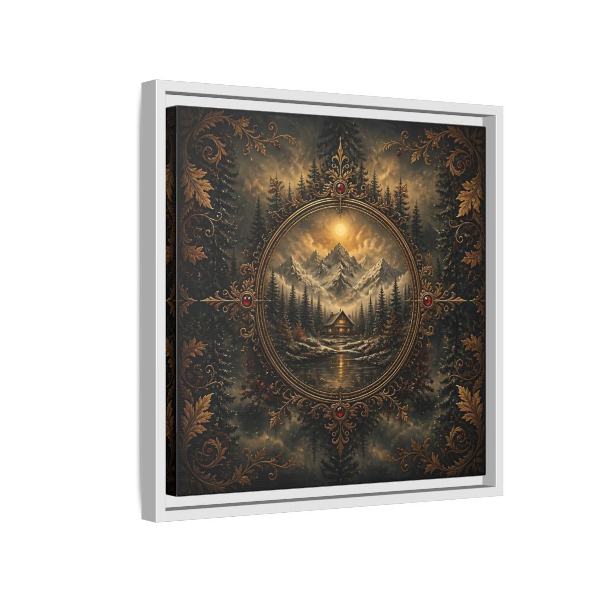 Side Mockup 13. Nature Mountain Cabin Mountain Cabin Gold shown as stretched canvas wall art