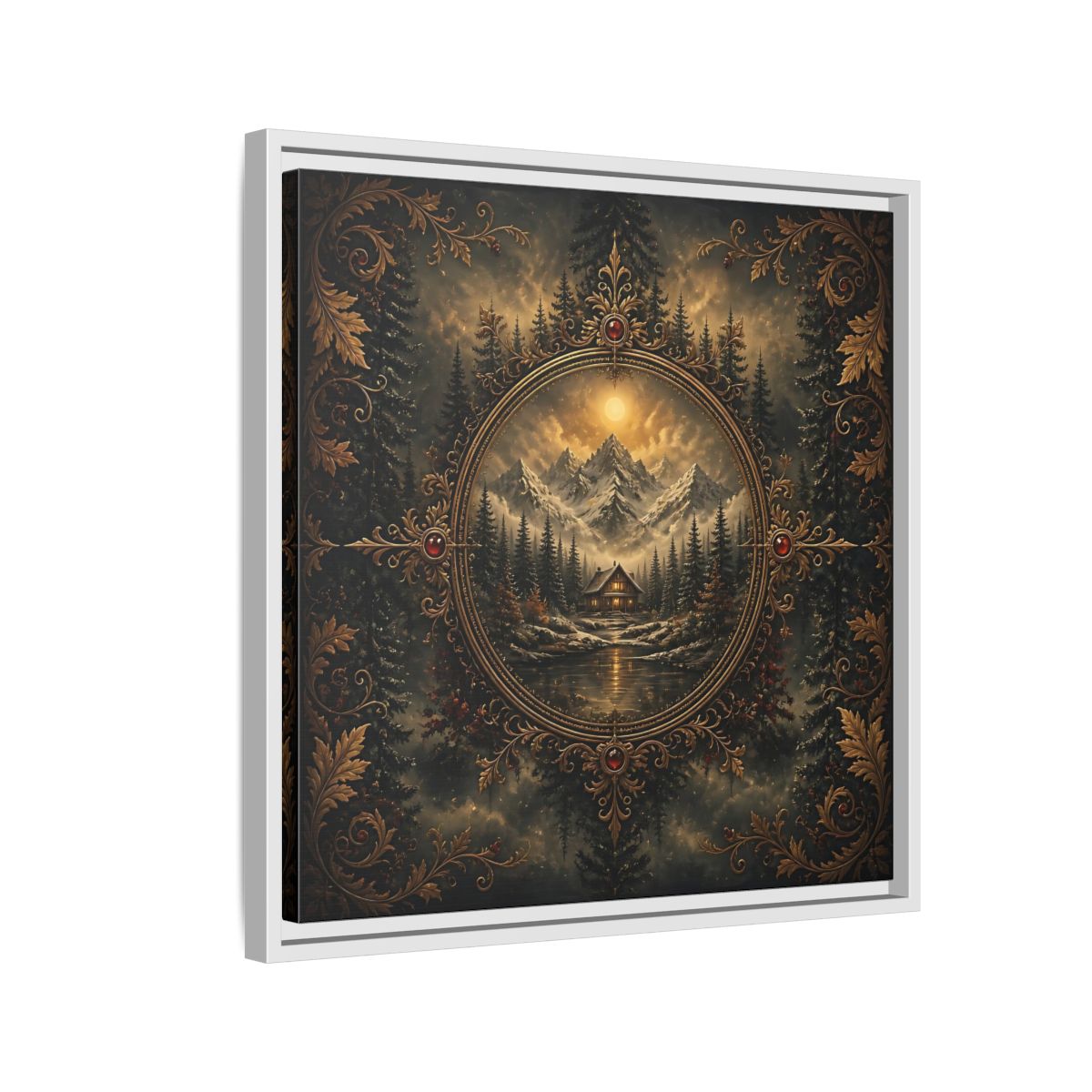 Side Mockup 10. Nature Mountain Cabin Mountain Cabin Gold shown as stretched canvas wall art