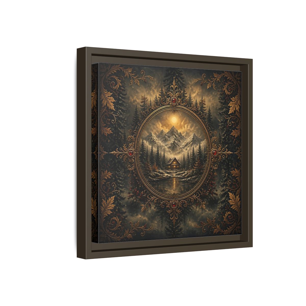 Side Mockup 17. Nature Mountain Cabin Mountain Cabin Gold shown as stretched canvas wall art