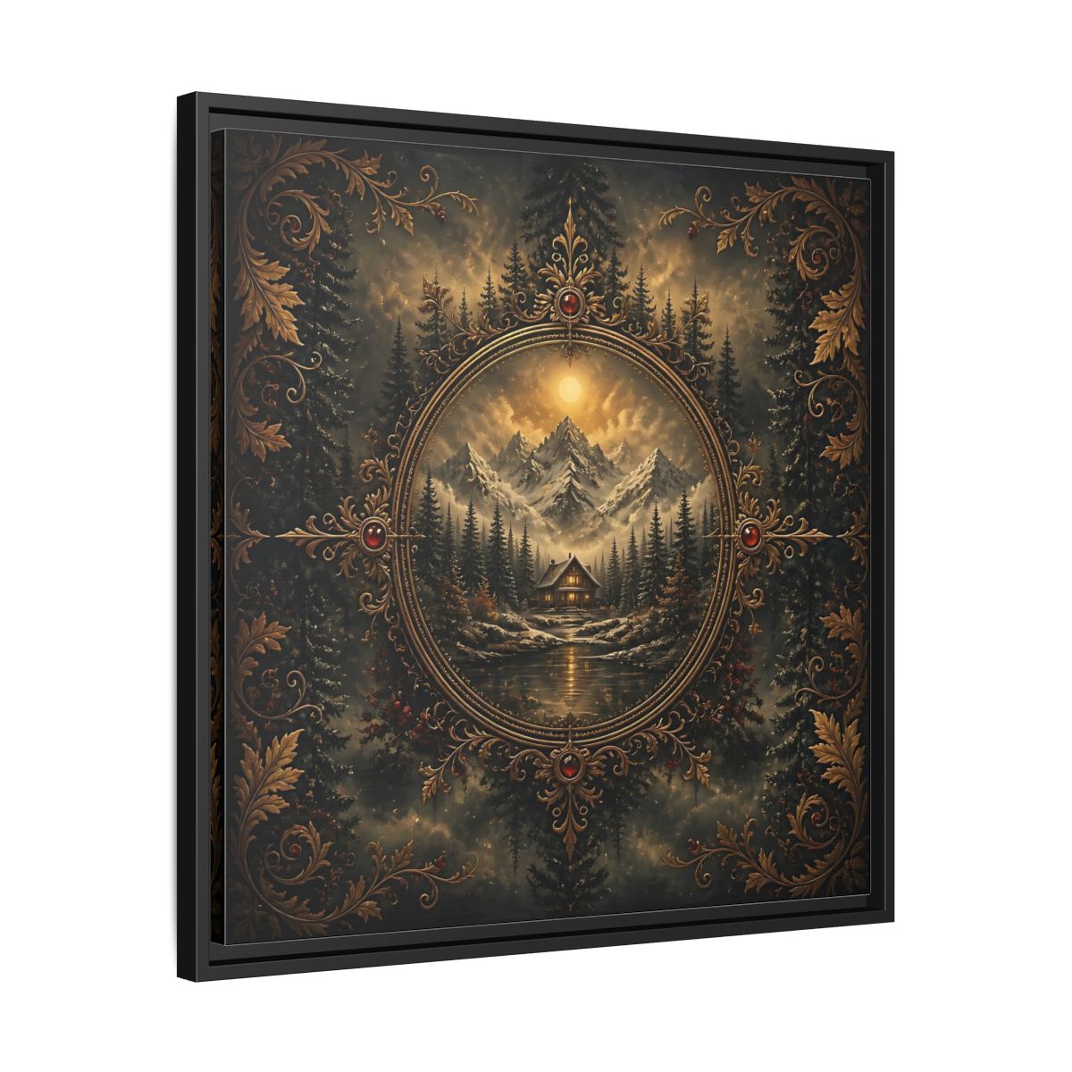 Side Mockup 31. Nature Mountain Cabin Mountain Cabin Gold shown as stretched canvas wall art