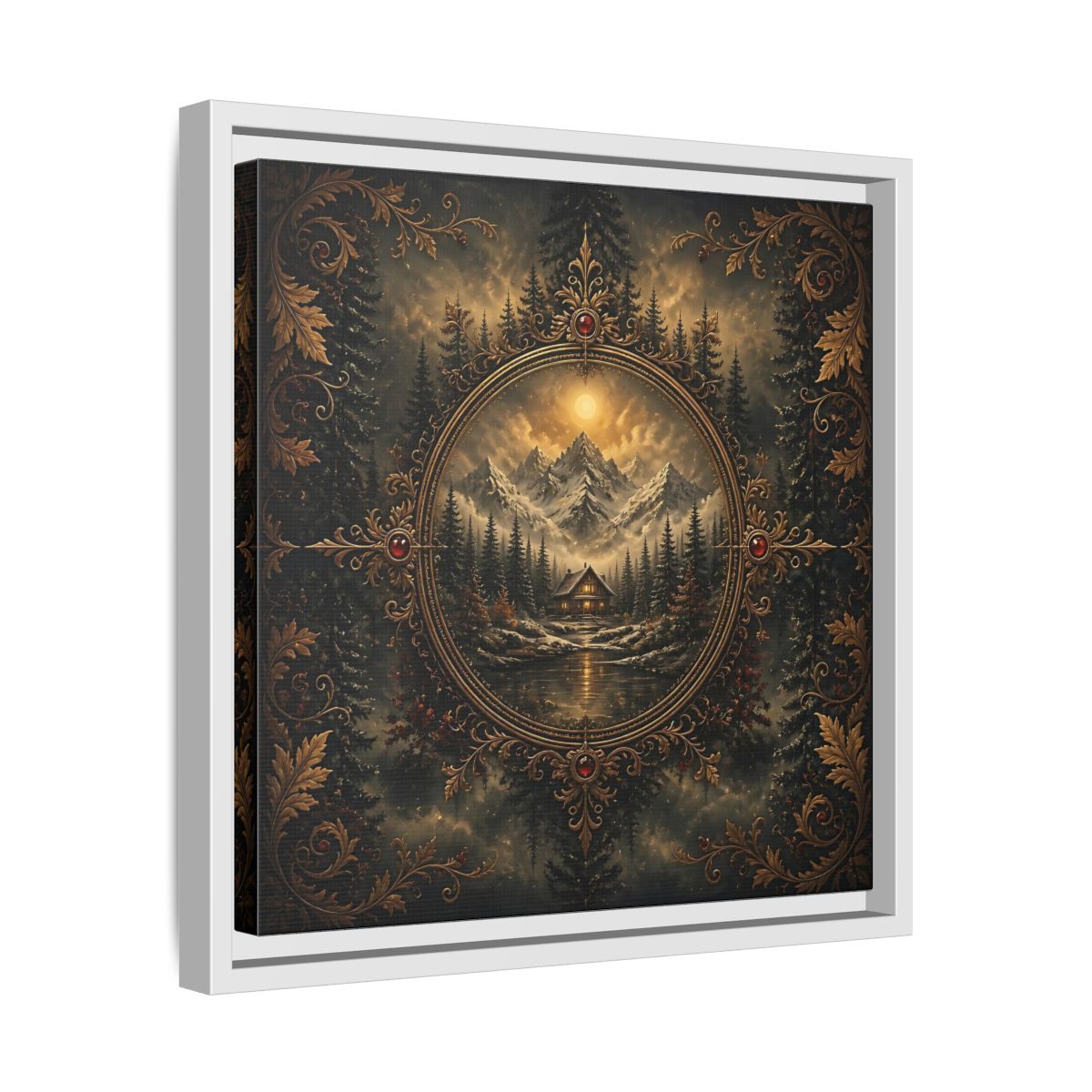 Side Mockup 28. Nature Mountain Cabin Mountain Cabin Gold shown as stretched canvas wall art