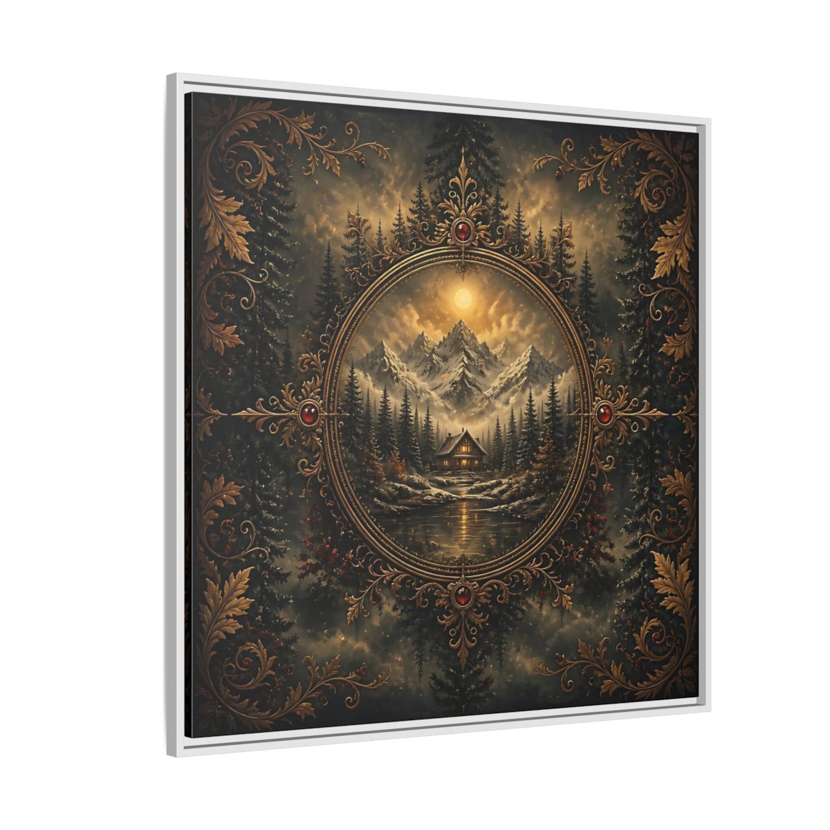 Side Mockup 4. Nature Mountain Cabin Mountain Cabin Gold shown as stretched canvas wall art