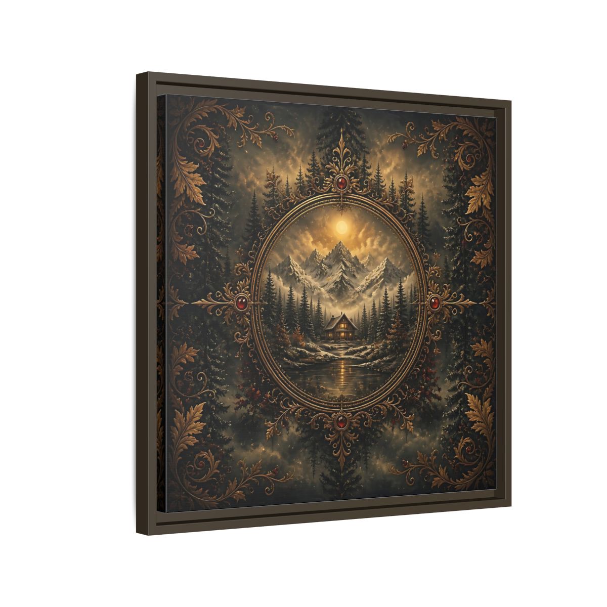 Side Mockup 11. Nature Mountain Cabin Mountain Cabin Gold shown as stretched canvas wall art