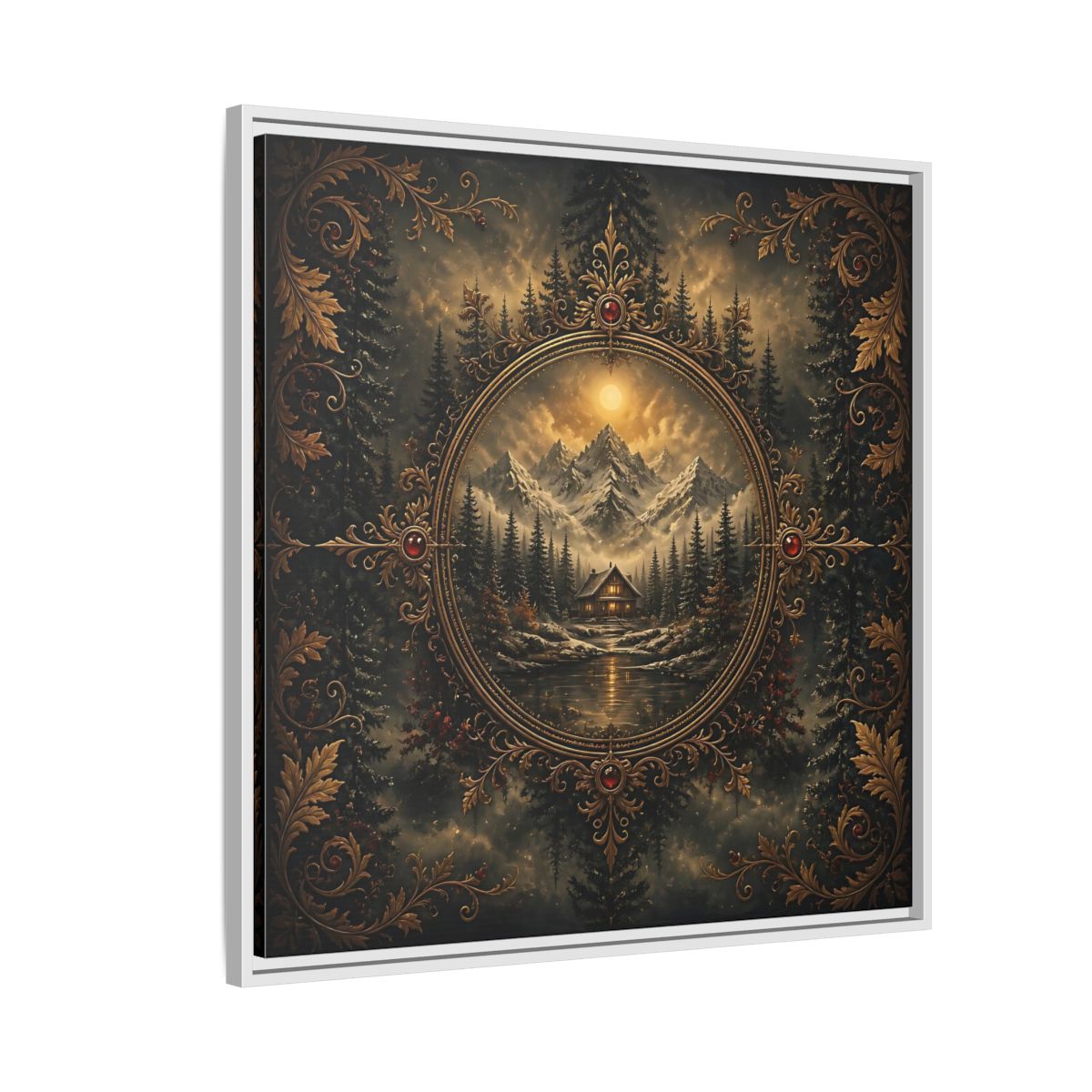Side Mockup 7. Nature Mountain Cabin Mountain Cabin Gold shown as stretched canvas wall art
