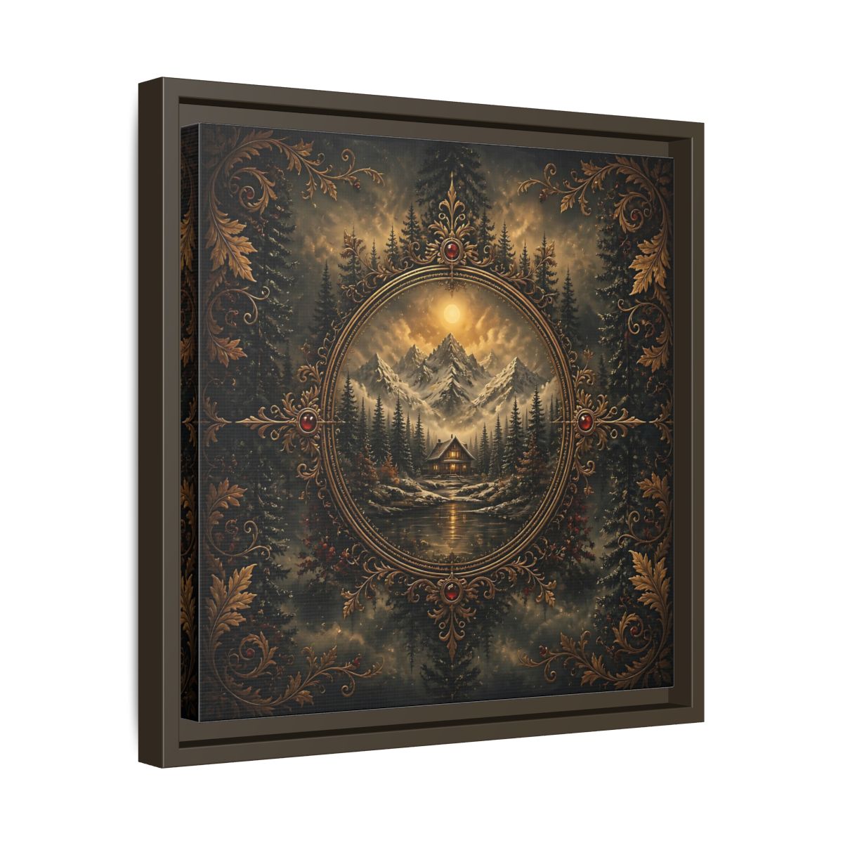 Side Mockup 29. Nature Mountain Cabin Mountain Cabin Gold shown as stretched canvas wall art