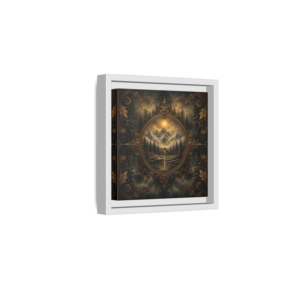 Side Mockup 1. Nature Mountain Cabin Mountain Cabin Gold shown as stretched canvas wall art