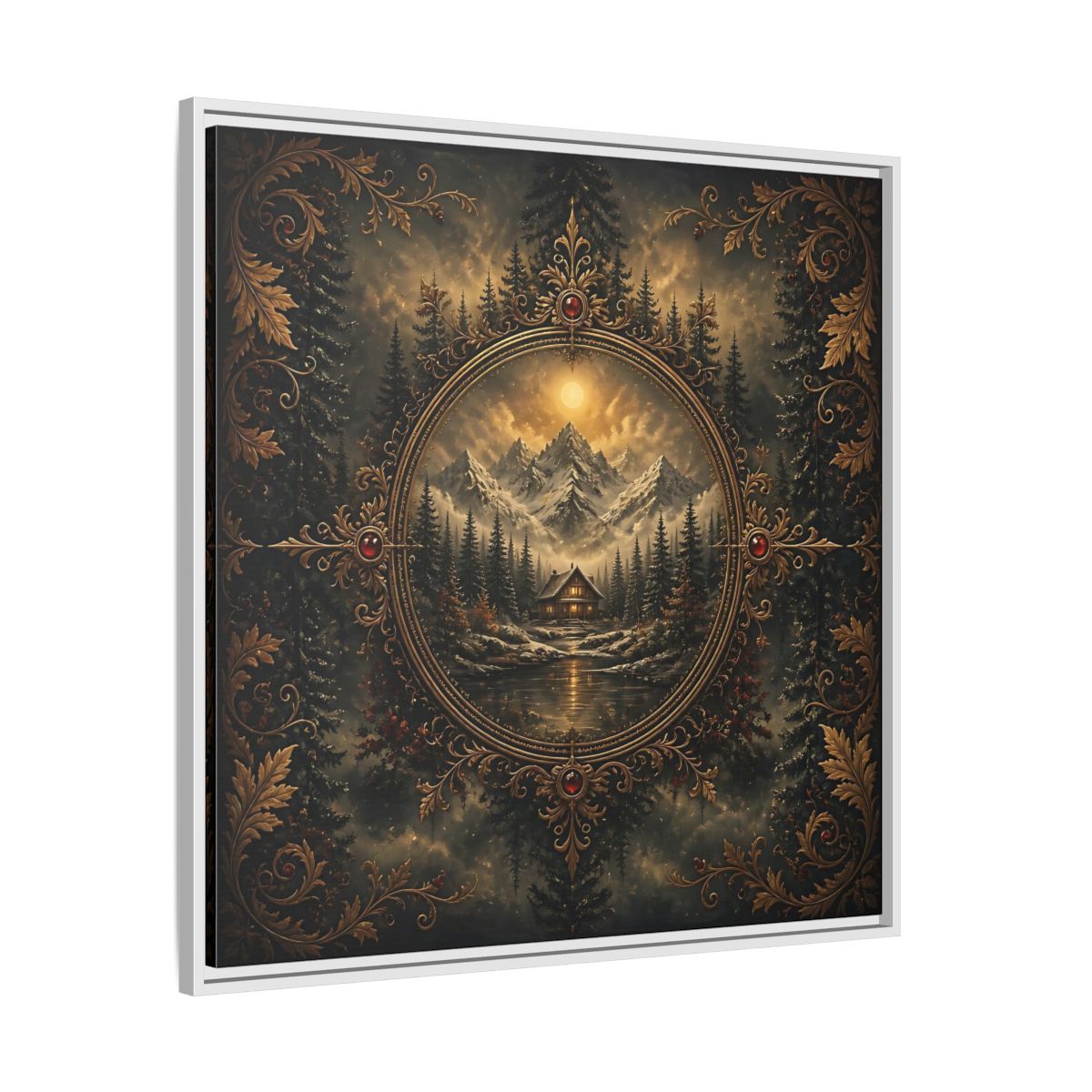 Side Mockup 25. Nature Mountain Cabin Mountain Cabin Gold shown as stretched canvas wall art