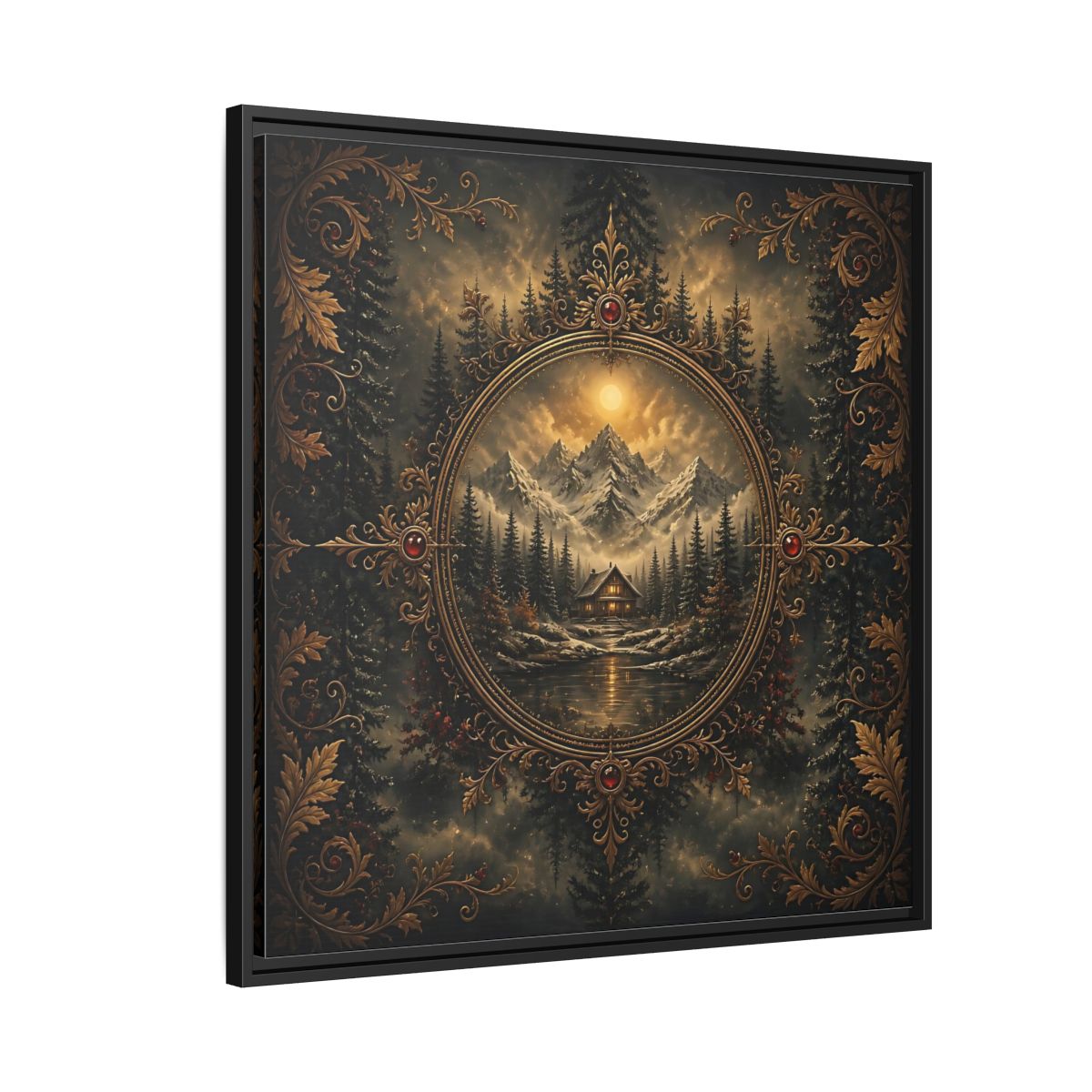 Side Mockup 9. Nature Mountain Cabin Mountain Cabin Gold shown as stretched canvas wall art