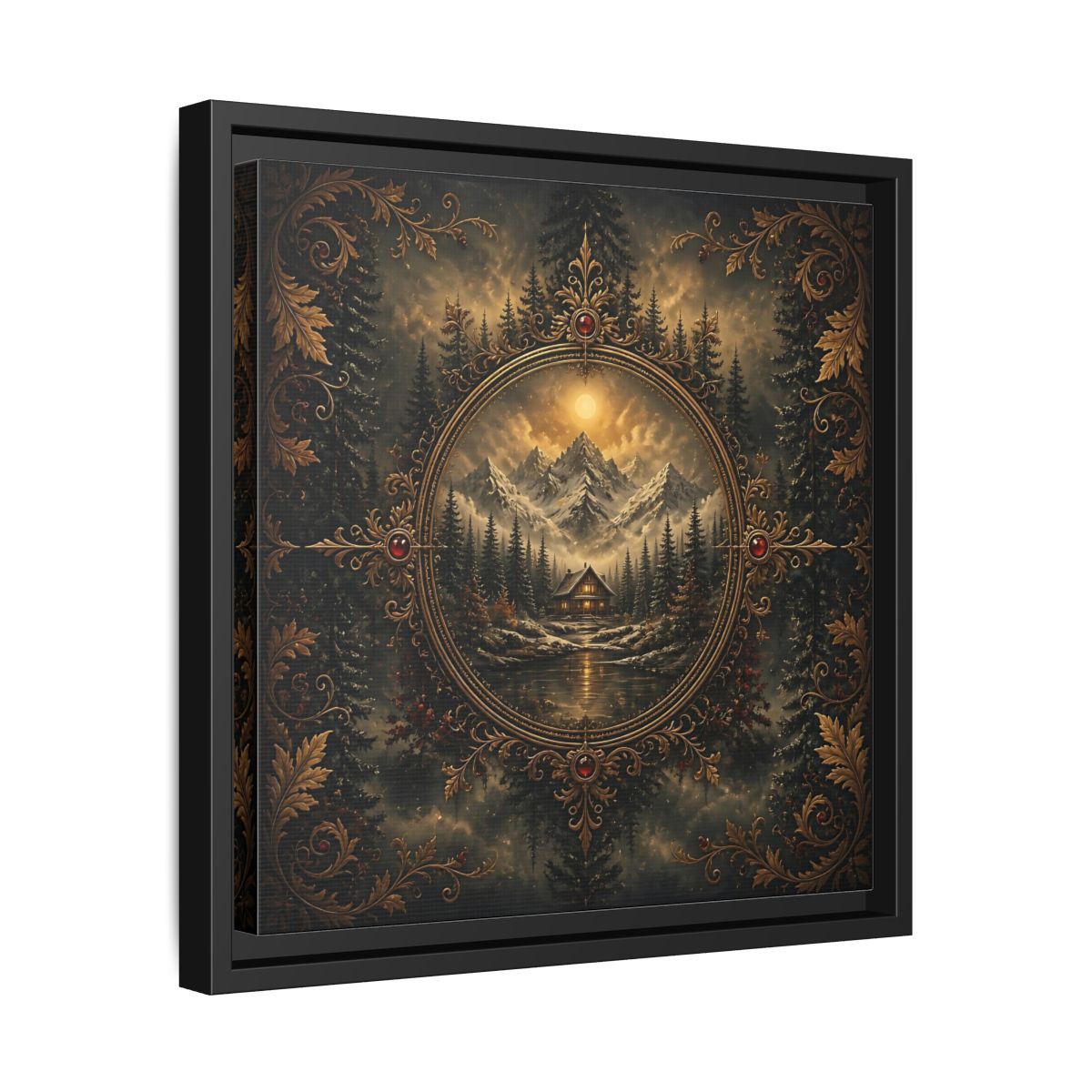 Side Mockup 32. Nature Mountain Cabin Mountain Cabin Gold shown as stretched canvas wall art