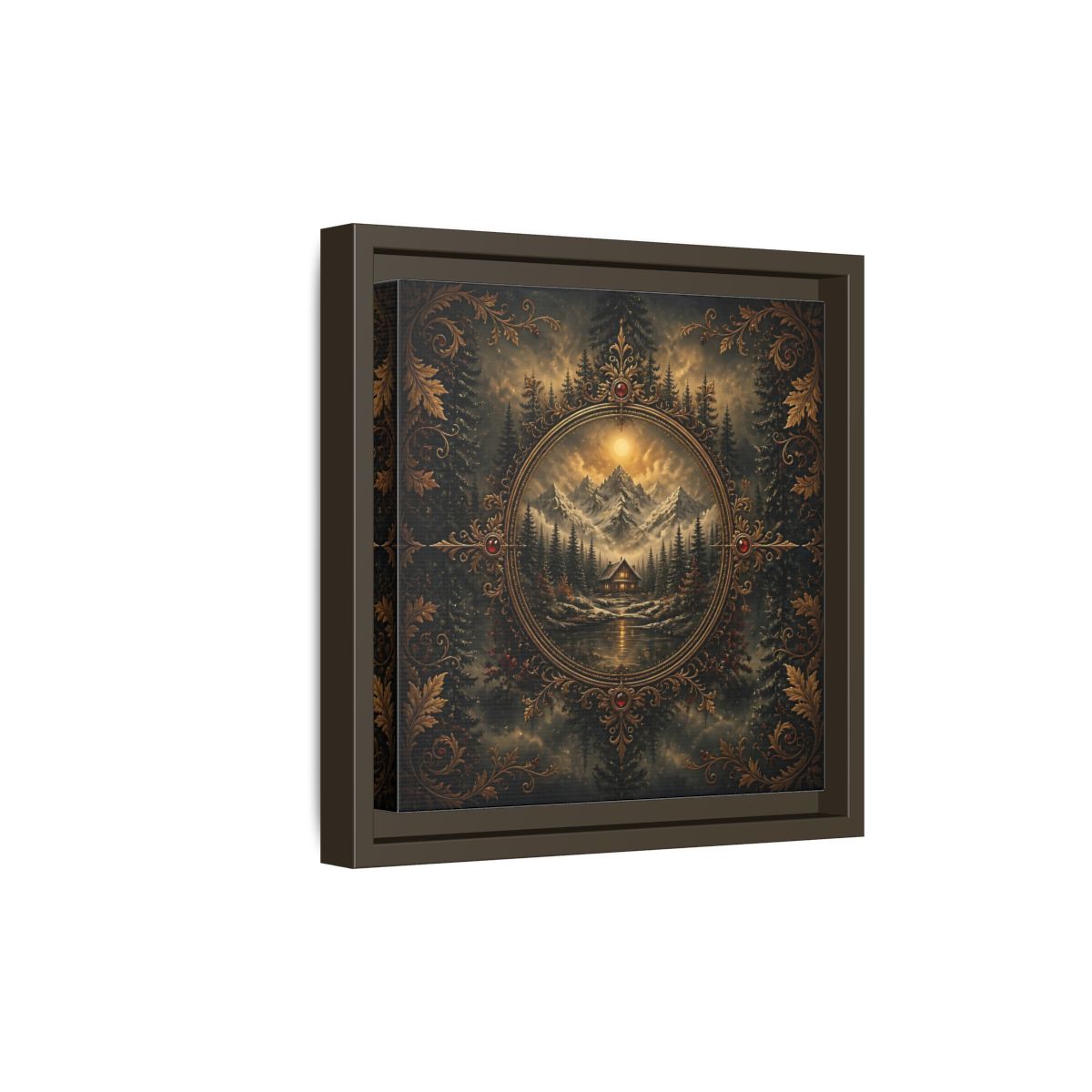 Side Mockup 20. Nature Mountain Cabin Mountain Cabin Gold shown as stretched canvas wall art