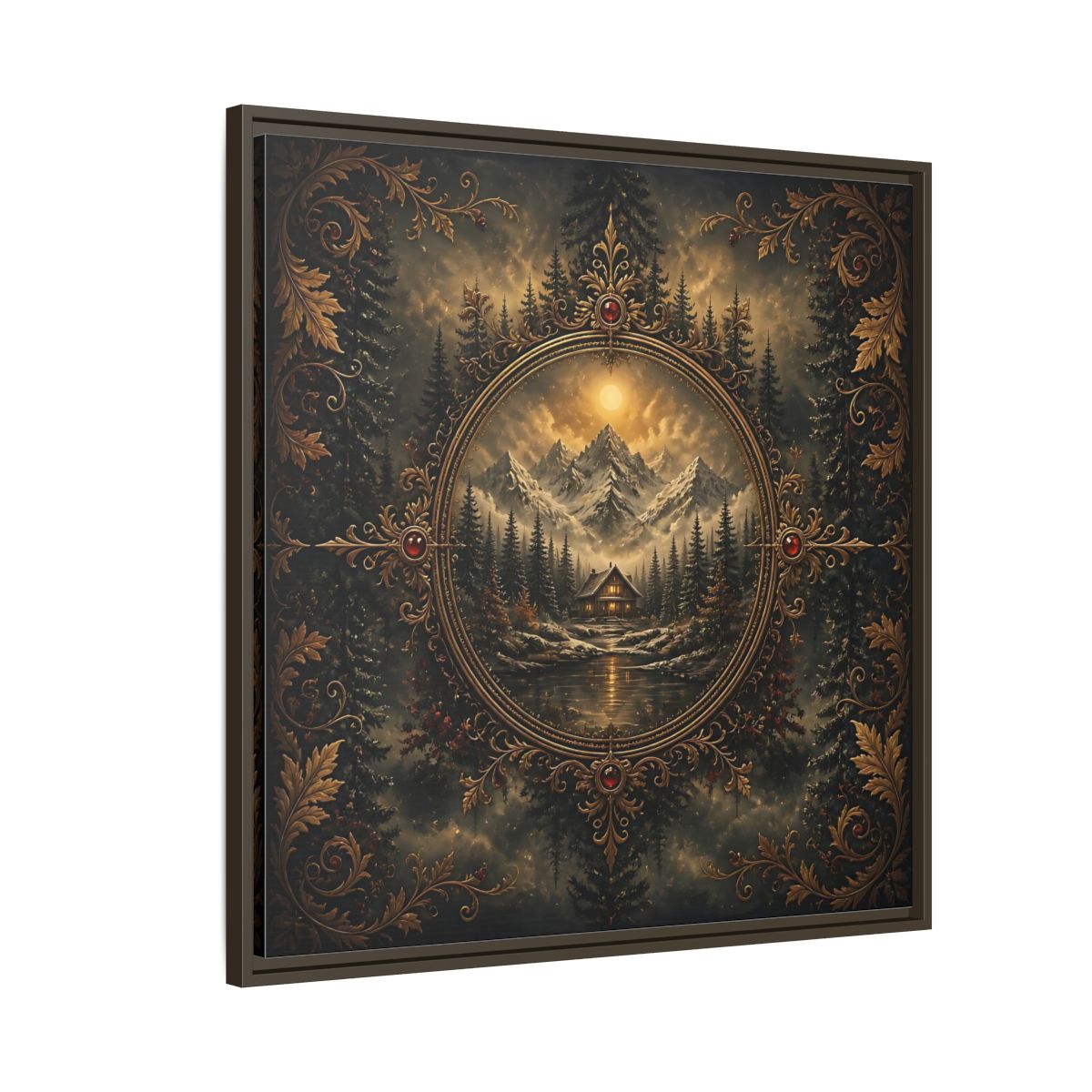 Side Mockup 8. Nature Mountain Cabin Mountain Cabin Gold shown as stretched canvas wall art