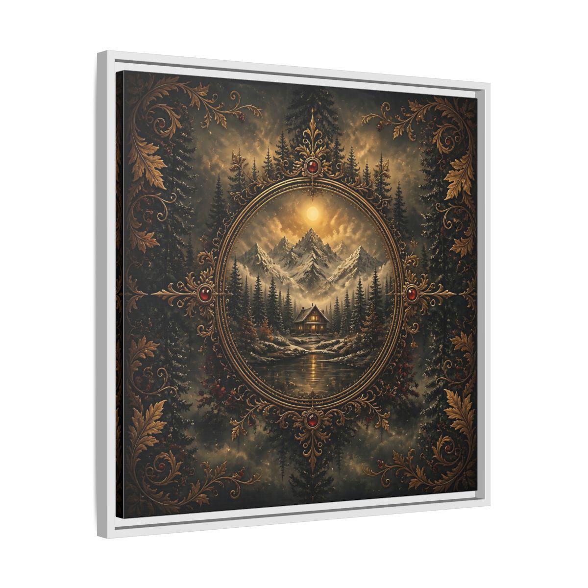 Side Mockup 26. Nature Mountain Cabin Mountain Cabin Gold shown as stretched canvas wall art