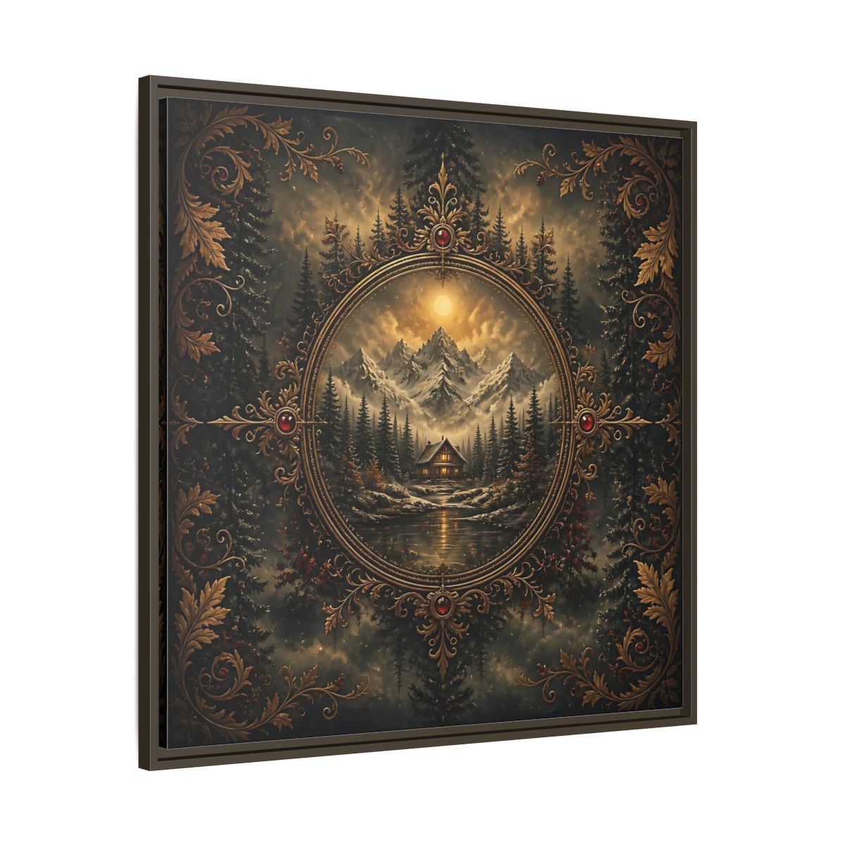 Main Mockup. Nature Mountain Cabin Mountain Cabin Gold shown as stretched canvas wall art