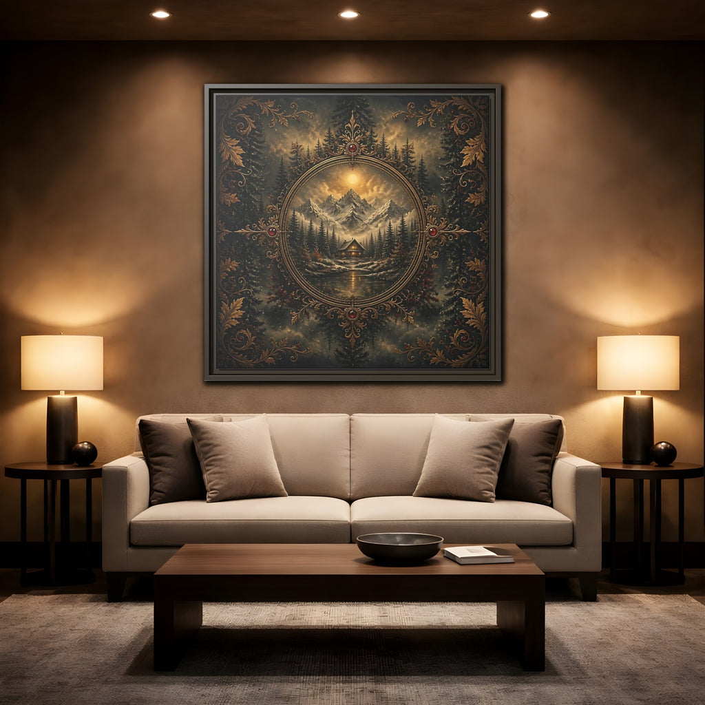 Mockup 2. Nature Mountain Cabin Mountain Cabin Gold shown as stretched canvas wall art