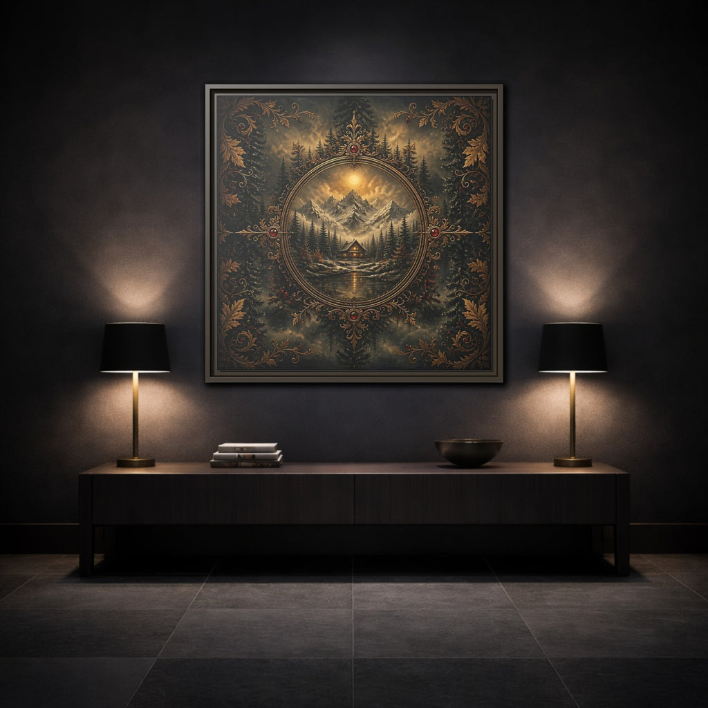 Mockup 3. Nature Mountain Cabin Mountain Cabin Gold shown as stretched canvas wall art