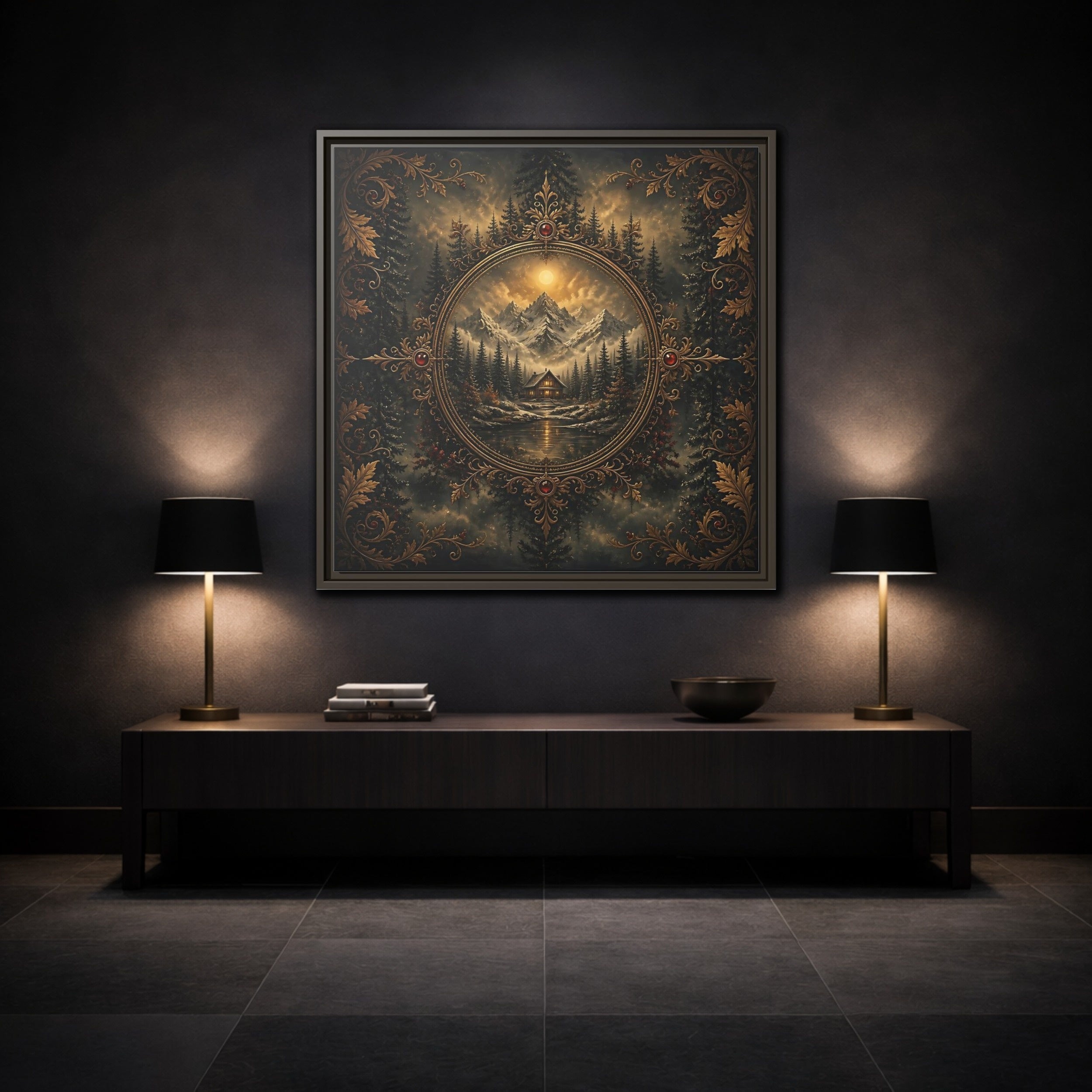 Mockup 3. Nature Mountain Cabin Mountain Cabin Gold shown as stretched canvas wall art
