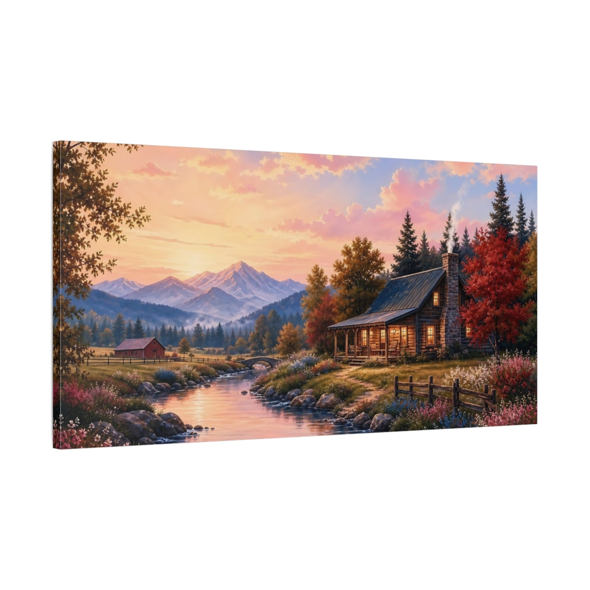 Main Mockup. Nature Mountain Cabin Sunset Landscape shown as stretched canvas wall art